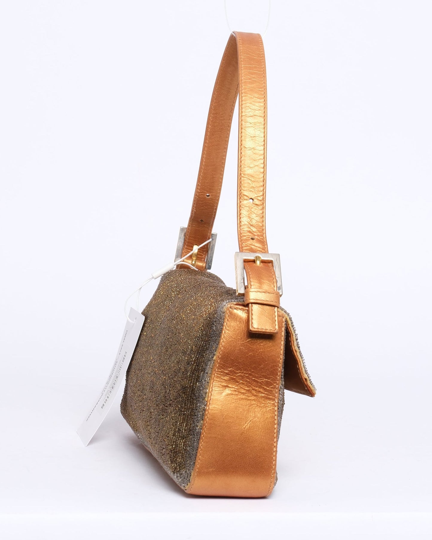 Fendi Gold Beaded & Leather Baguette Shoulder Bag