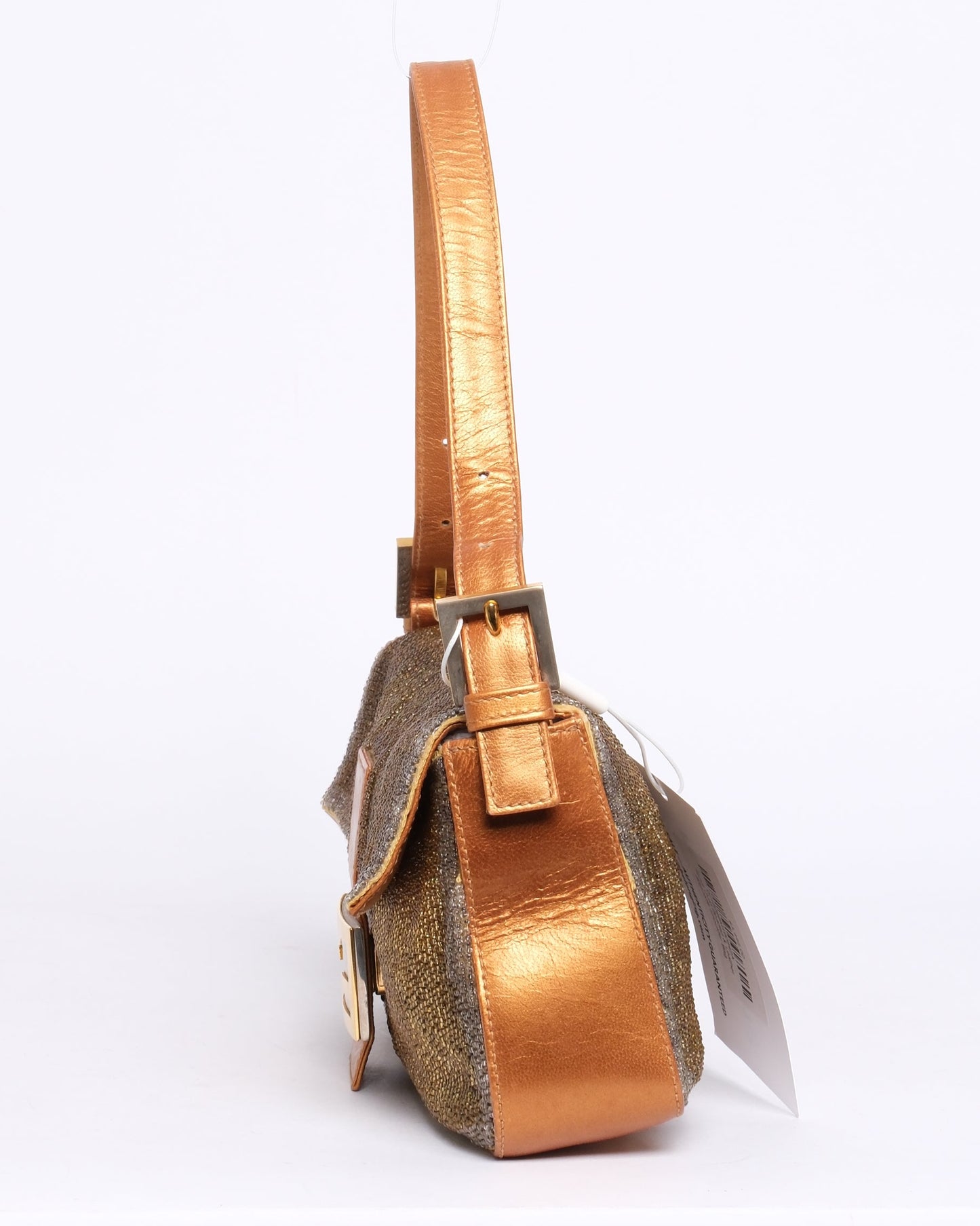 Fendi Gold Beaded & Leather Baguette Shoulder Bag