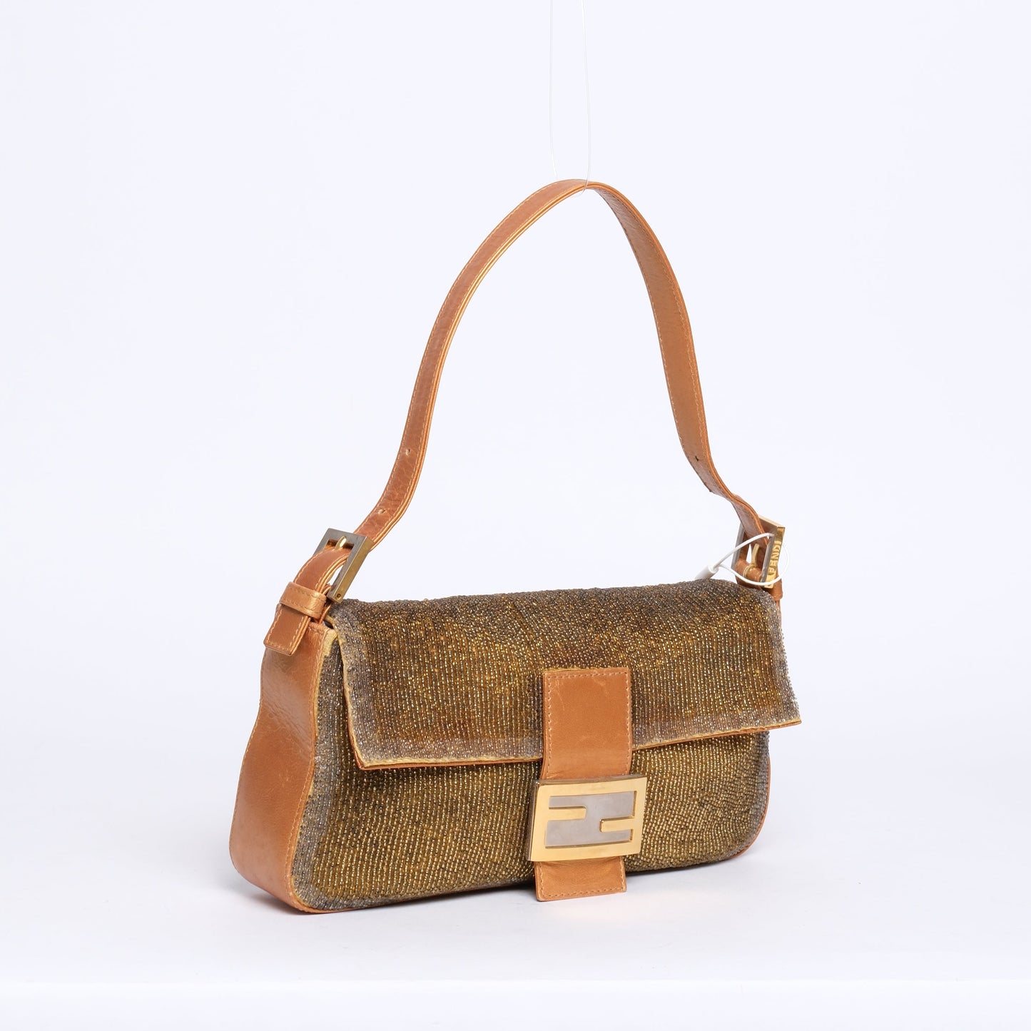 Fendi Gold Beaded & Leather Baguette Shoulder Bag