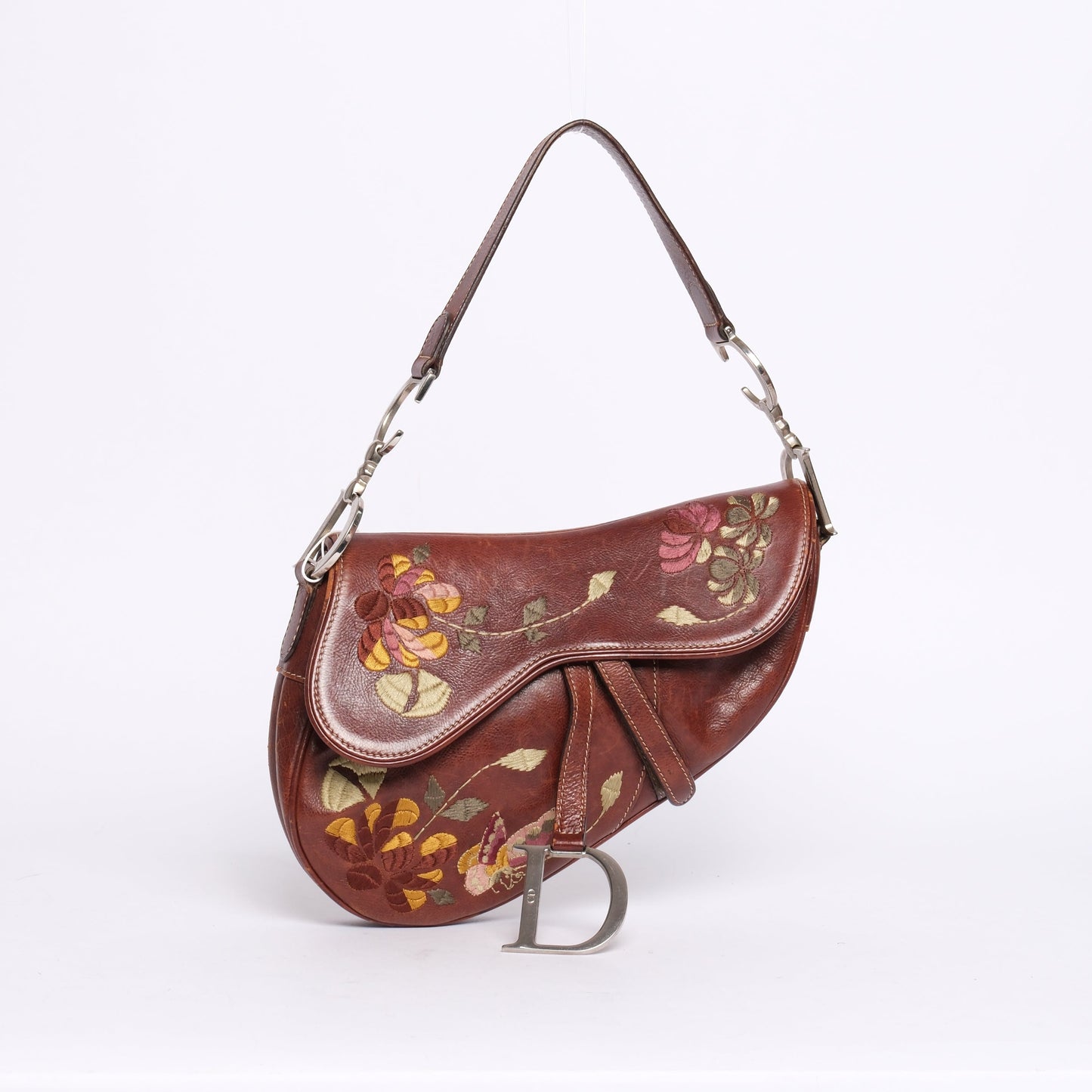 RARE Christian Dior Brown Leather Floral Embroidered Saddle Bag