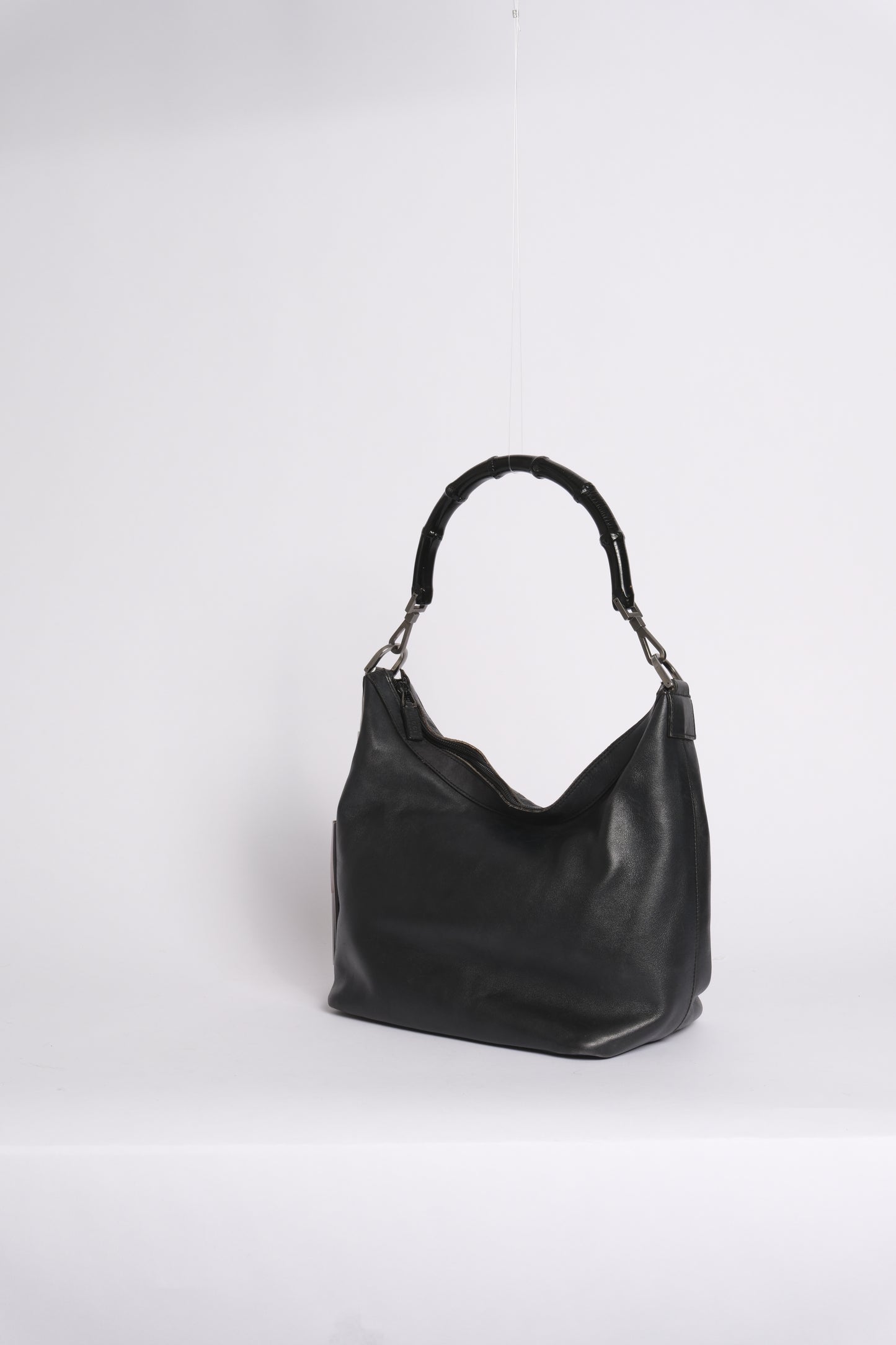 Gucci Black Lambskin Bamboo Handle Shoulder Bag