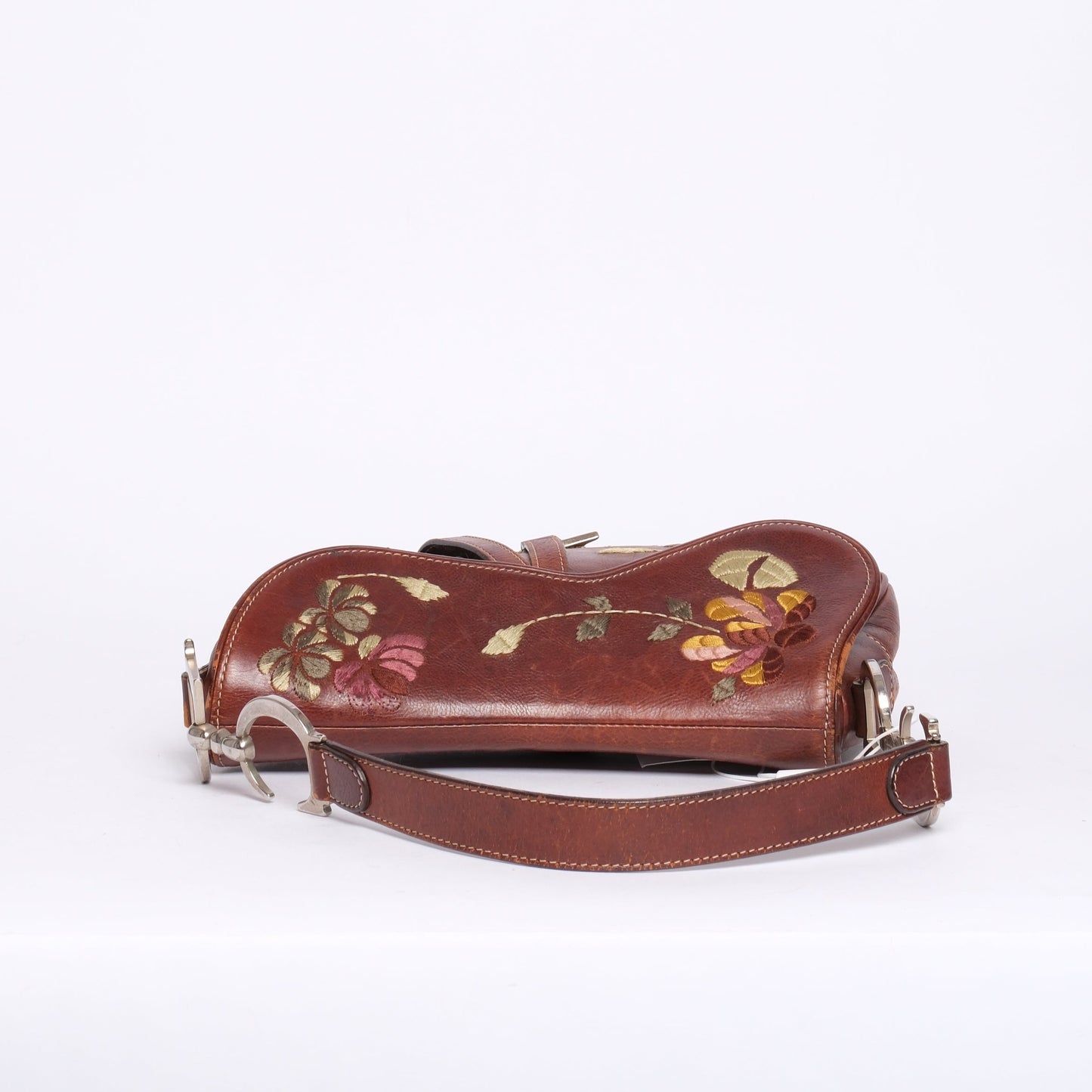 RARE Christian Dior Brown Leather Floral Embroidered Saddle Bag