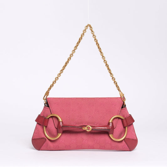 Gucci Pink Mauve Monogram Horsebit Small Shoulder Bag