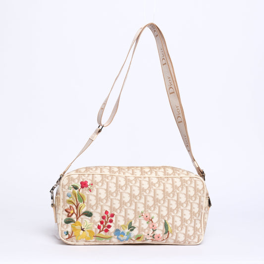 Christian Dior Cream Coated Canvas Trotter Monogram Embroidered Floral Shoulder Bag