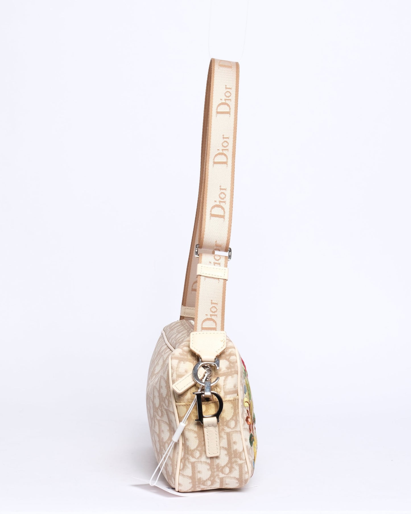Christian Dior Cream Coated Canvas Trotter Monogram Embroidered Floral Shoulder Bag