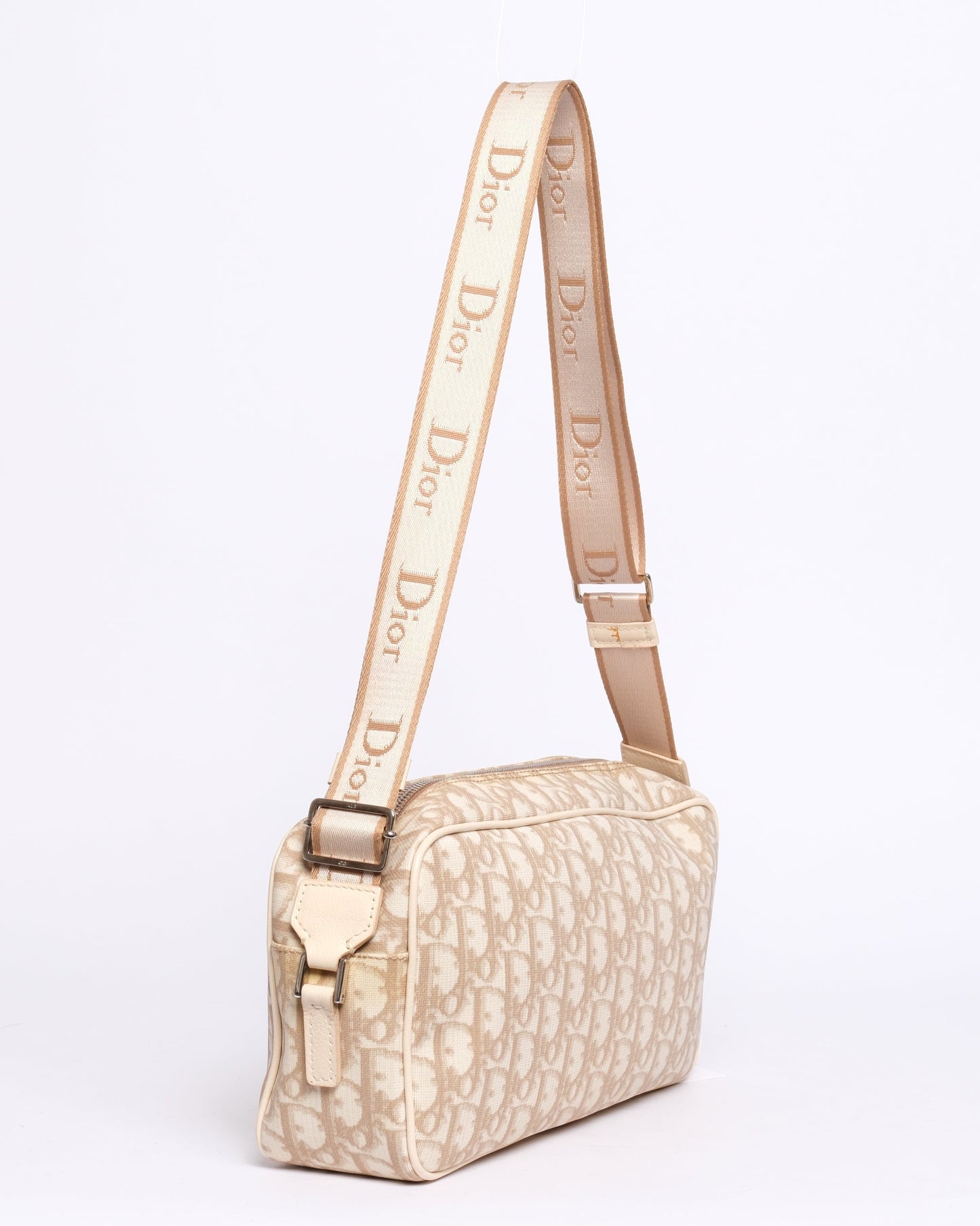 Christian Dior Cream Coated Canvas Trotter Monogram Embroidered Floral Shoulder Bag