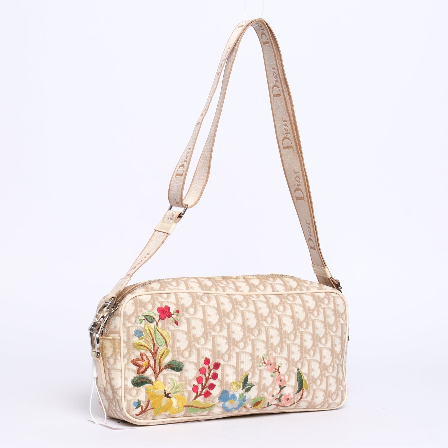 Christian Dior Cream Coated Canvas Trotter Monogram Embroidered Floral Shoulder Bag