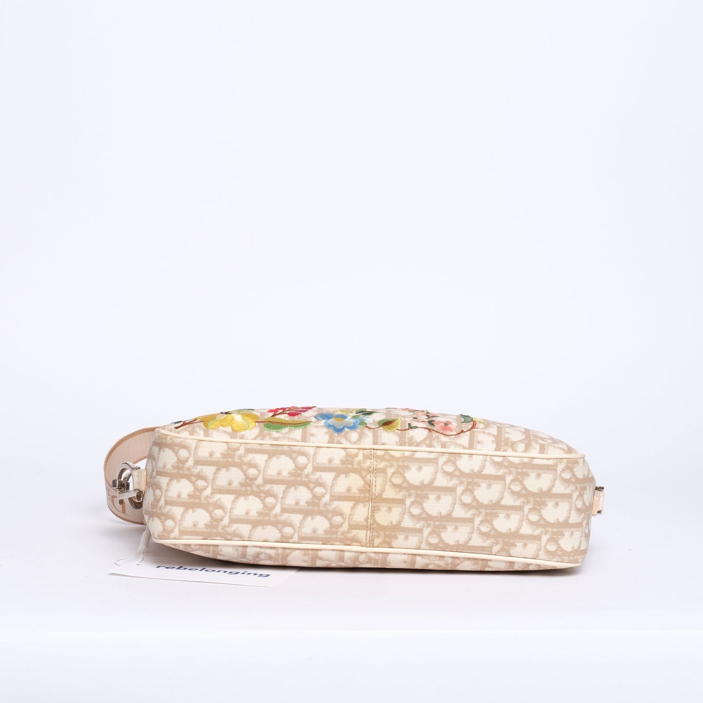 Christian Dior Cream Coated Canvas Trotter Monogram Embroidered Floral Shoulder Bag