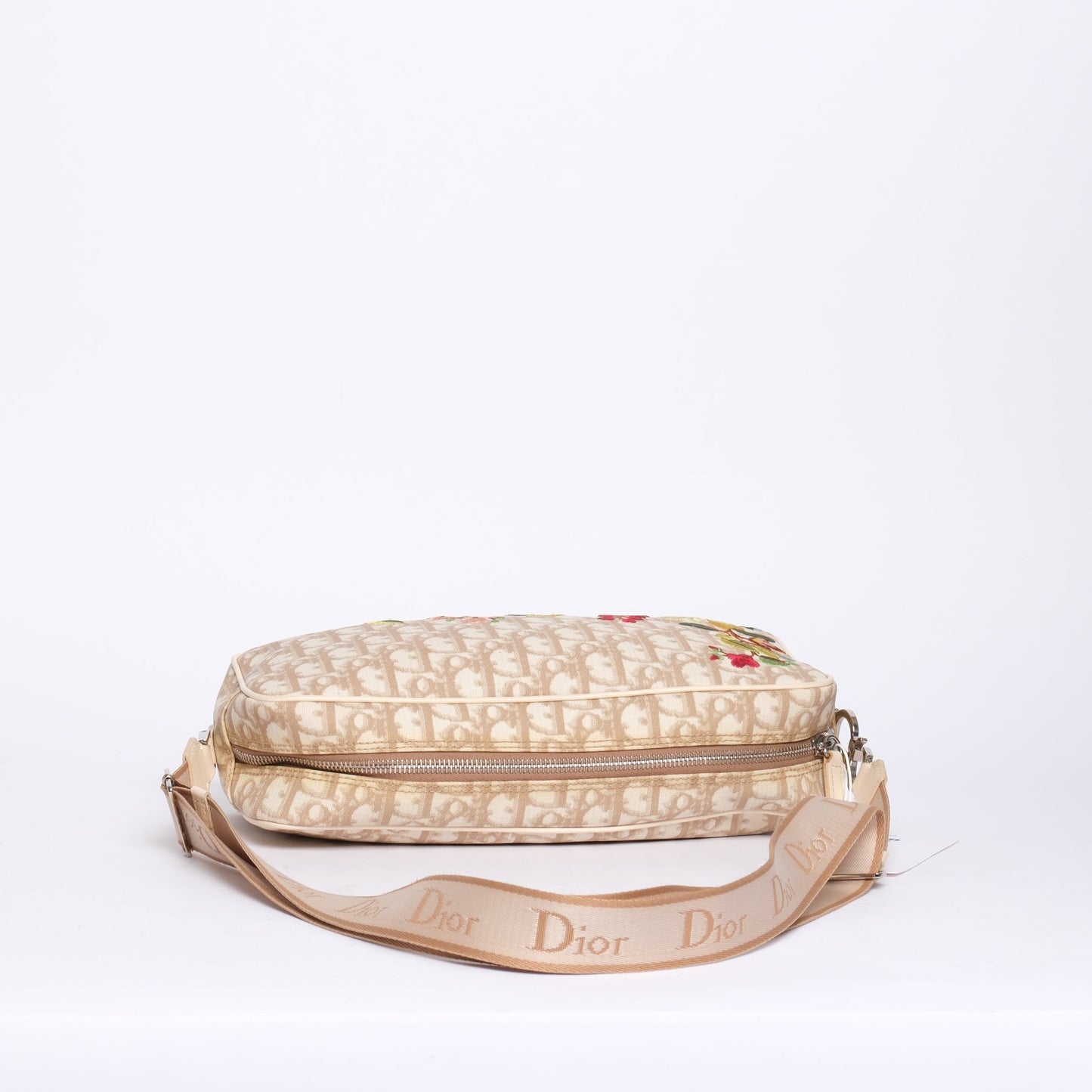 Christian Dior Cream Coated Canvas Trotter Monogram Embroidered Floral Shoulder Bag