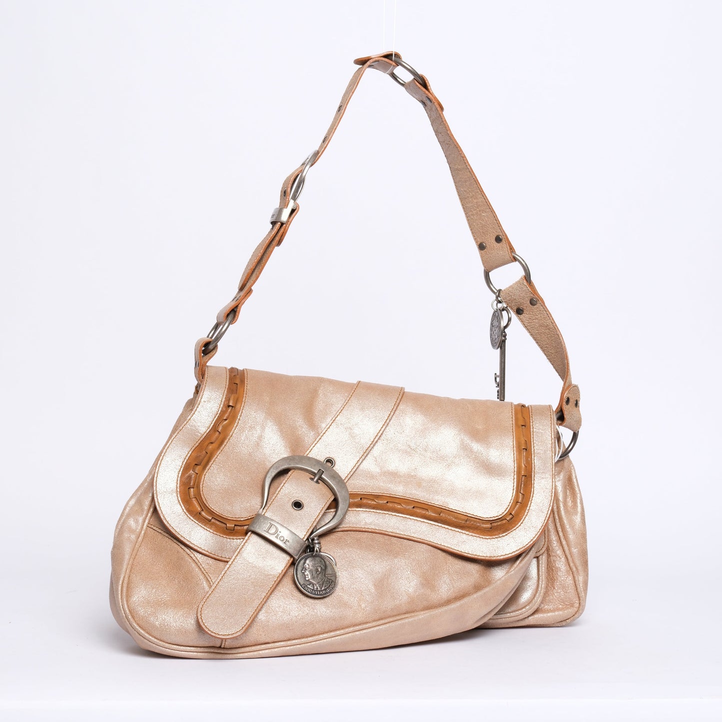 Chrisitian Dior Cream Metallic Gaucho Shoulder Bag