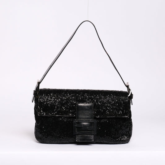 Fendi Black Beaded & Leather Baguette Shoulder Bag Black HW