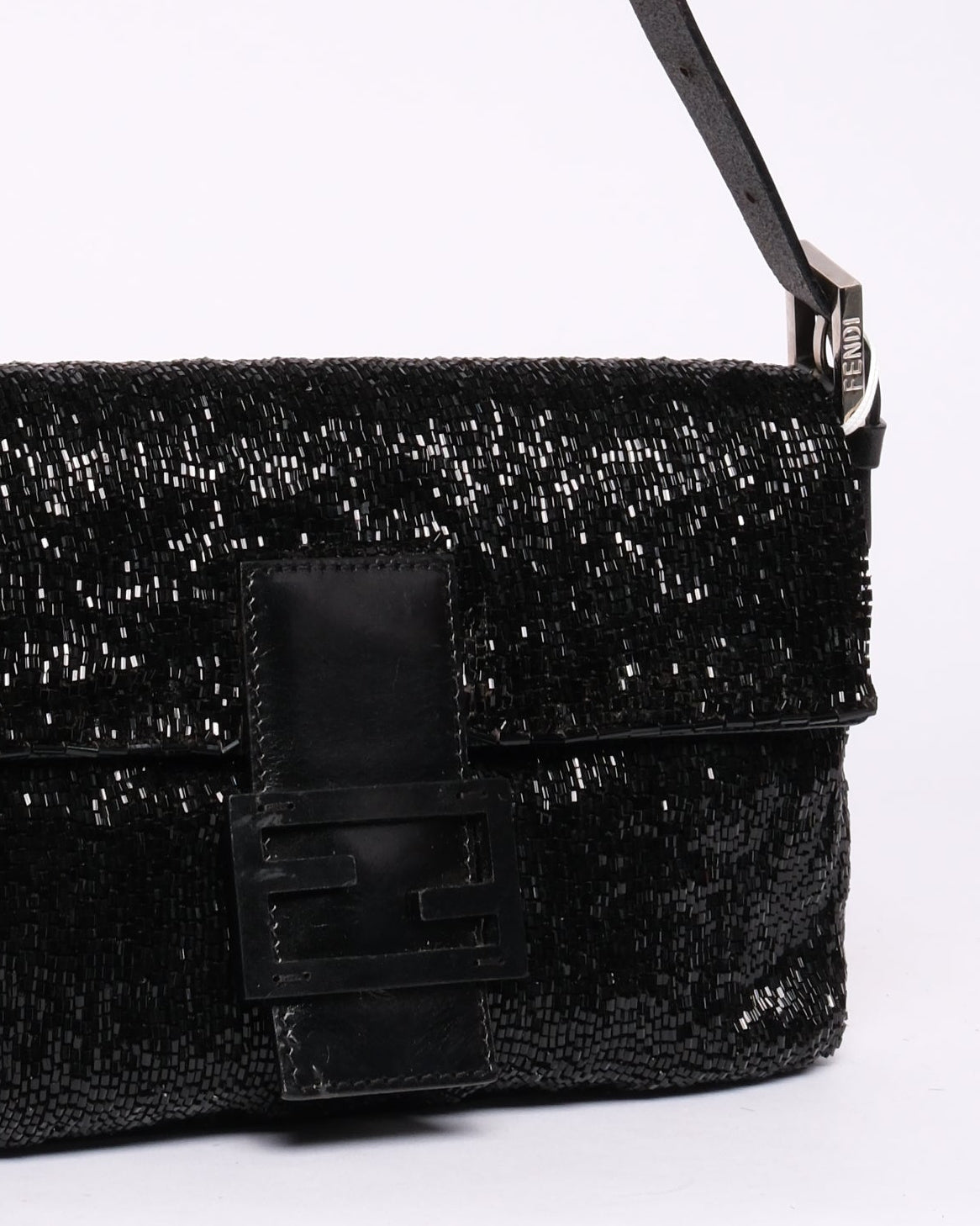 Fendi Black Beaded & Leather Baguette Shoulder Bag Black HW