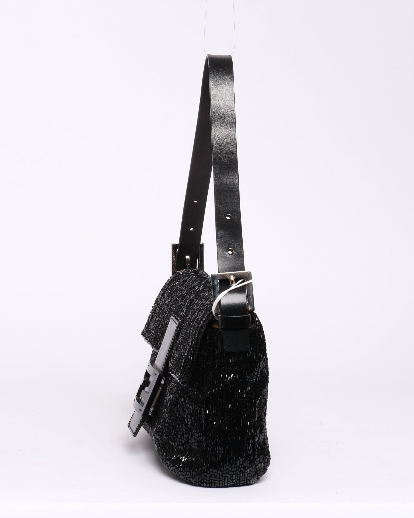 Fendi Black Beaded & Leather Baguette Shoulder Bag Black HW
