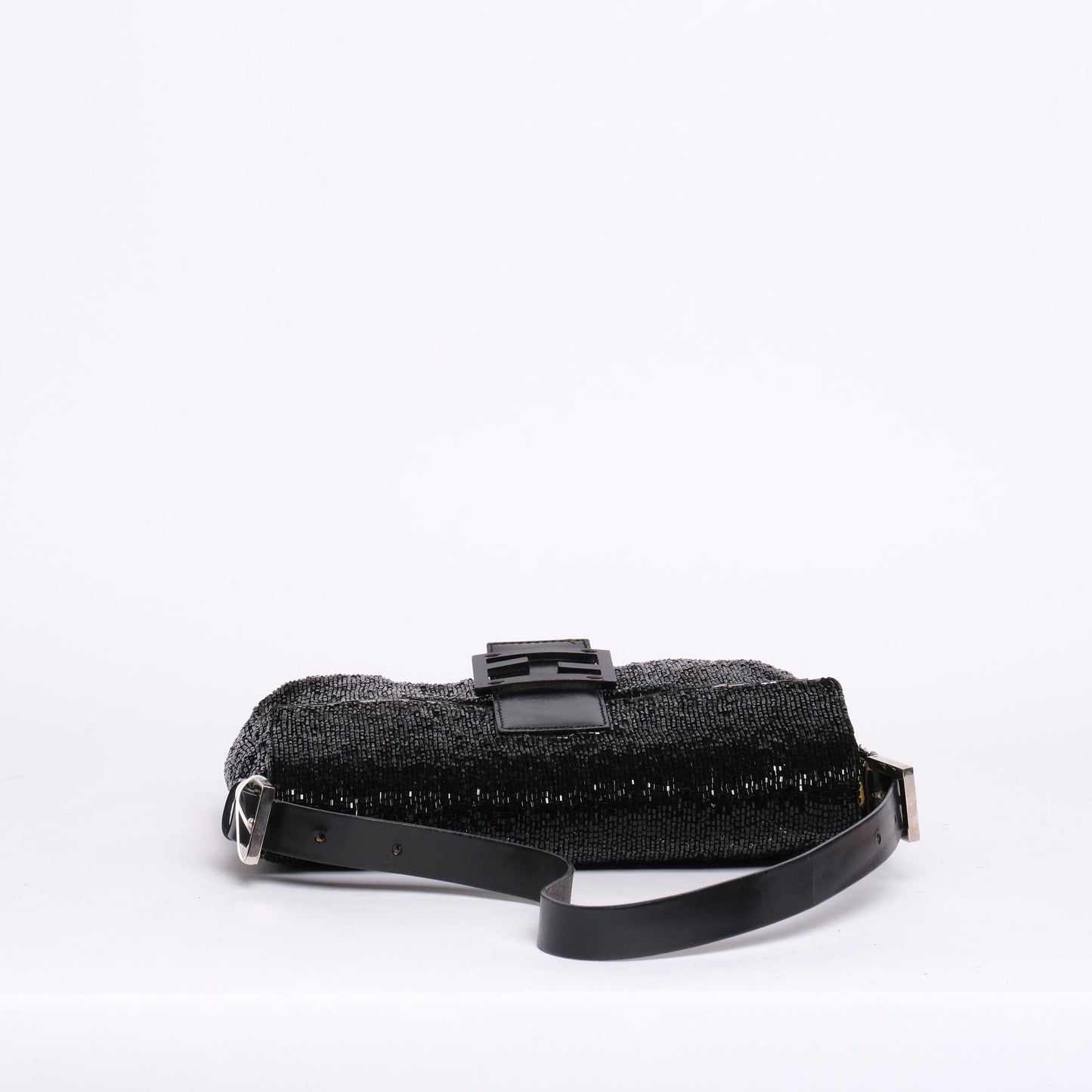 Fendi Black Beaded & Leather Baguette Shoulder Bag Black HW