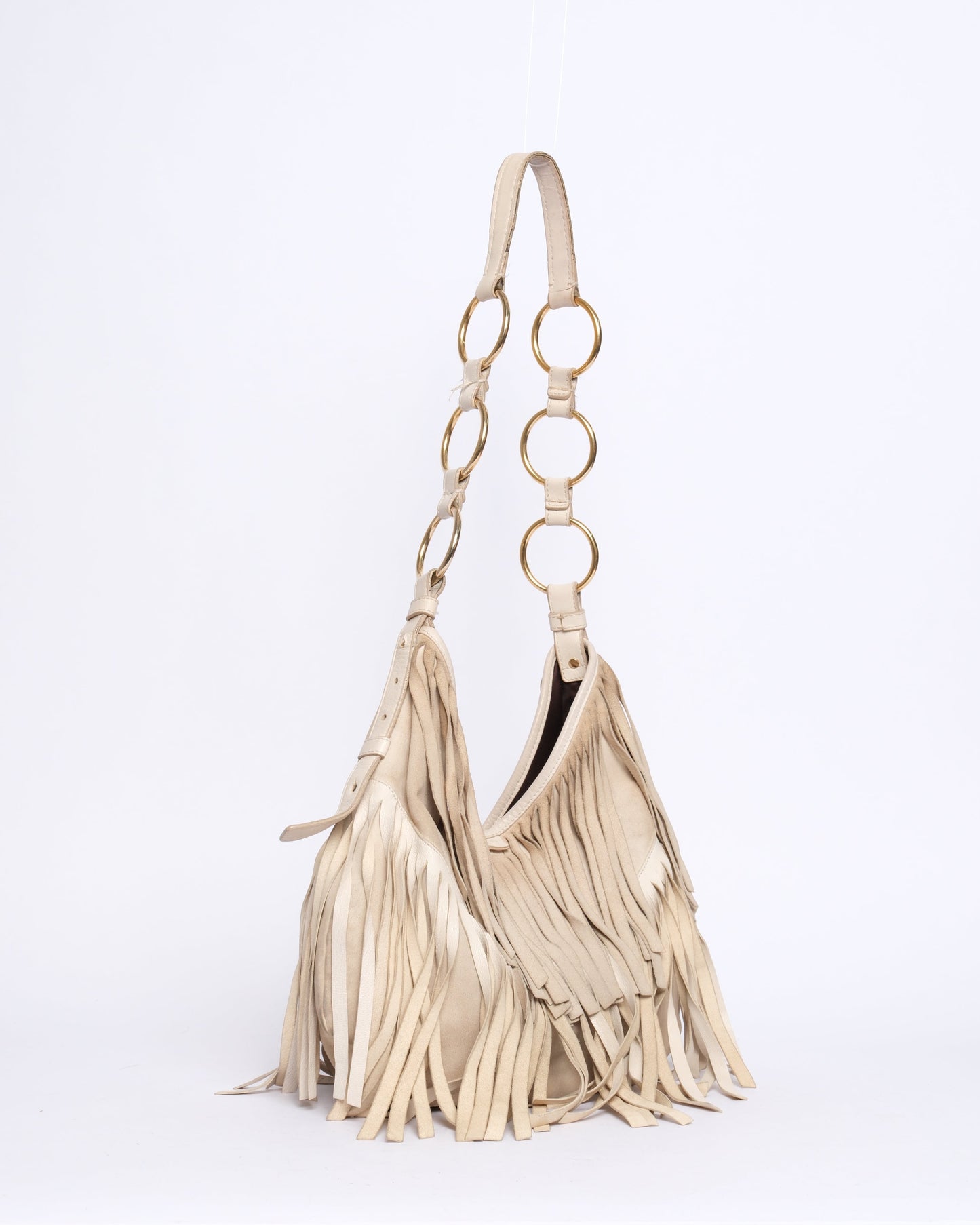 YSL White Leather Fringed Shoulder Bag
