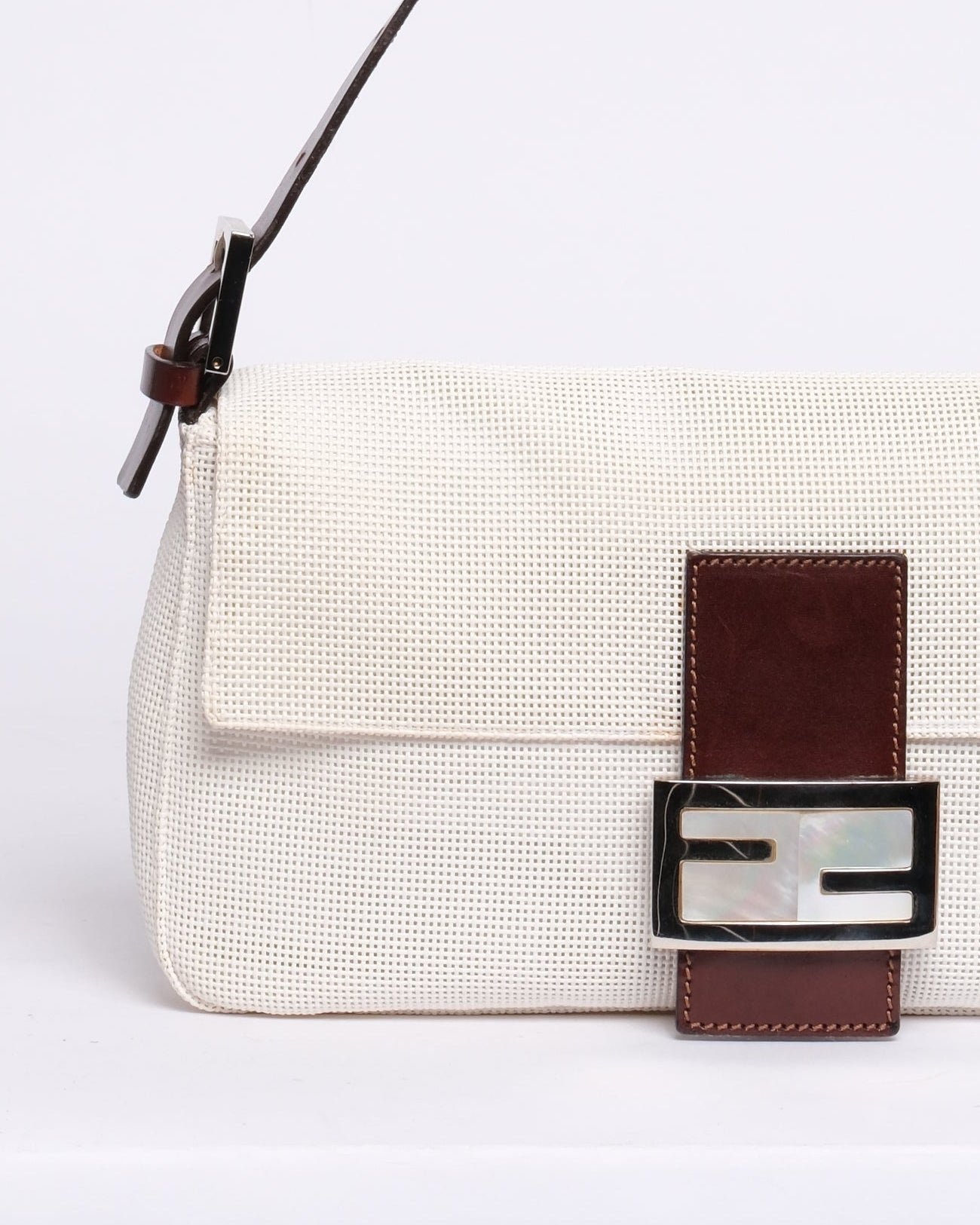 RARE Fendi White & Brown Mesh & Leather Mother Of Pearl Baguette Shoulder Bag