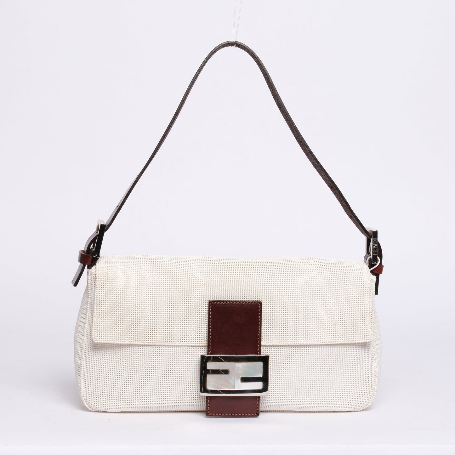 RARE Fendi White & Brown Mesh & Leather Mother Of Pearl Baguette Shoulder Bag