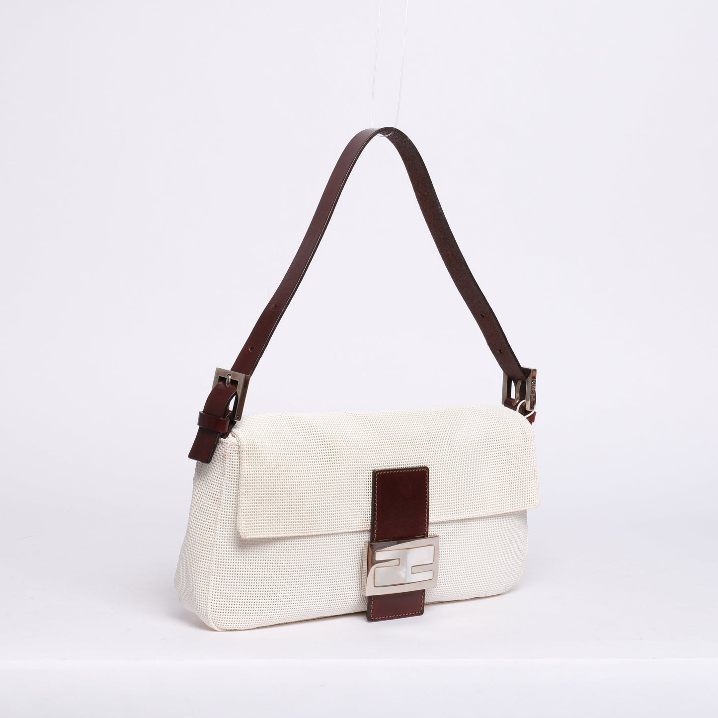 RARE Fendi White & Brown Mesh & Leather Mother Of Pearl Baguette Shoulder Bag