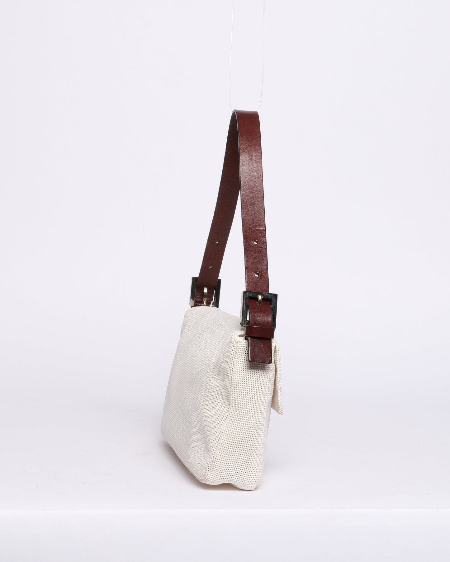 RARE Fendi White & Brown Mesh & Leather Mother Of Pearl Baguette Shoulder Bag