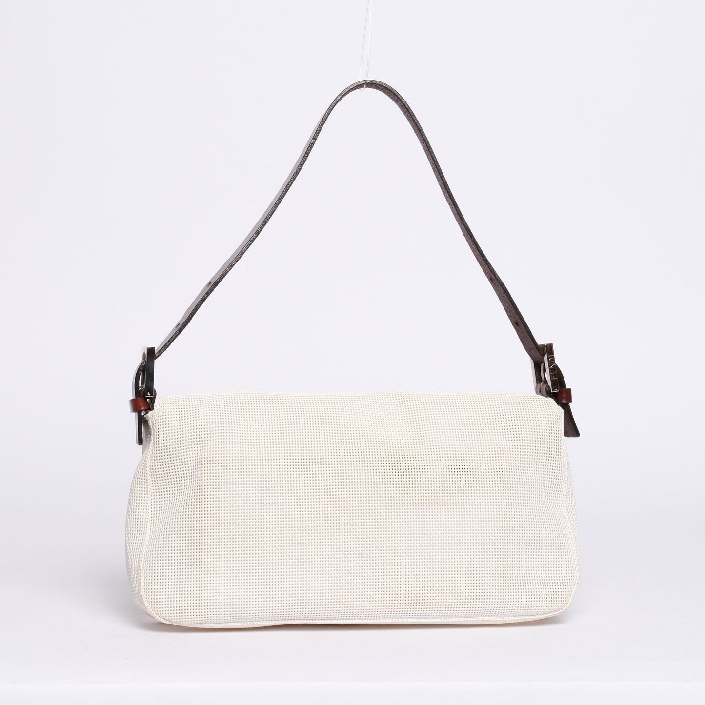 RARE Fendi White & Brown Mesh & Leather Mother Of Pearl Baguette Shoulder Bag