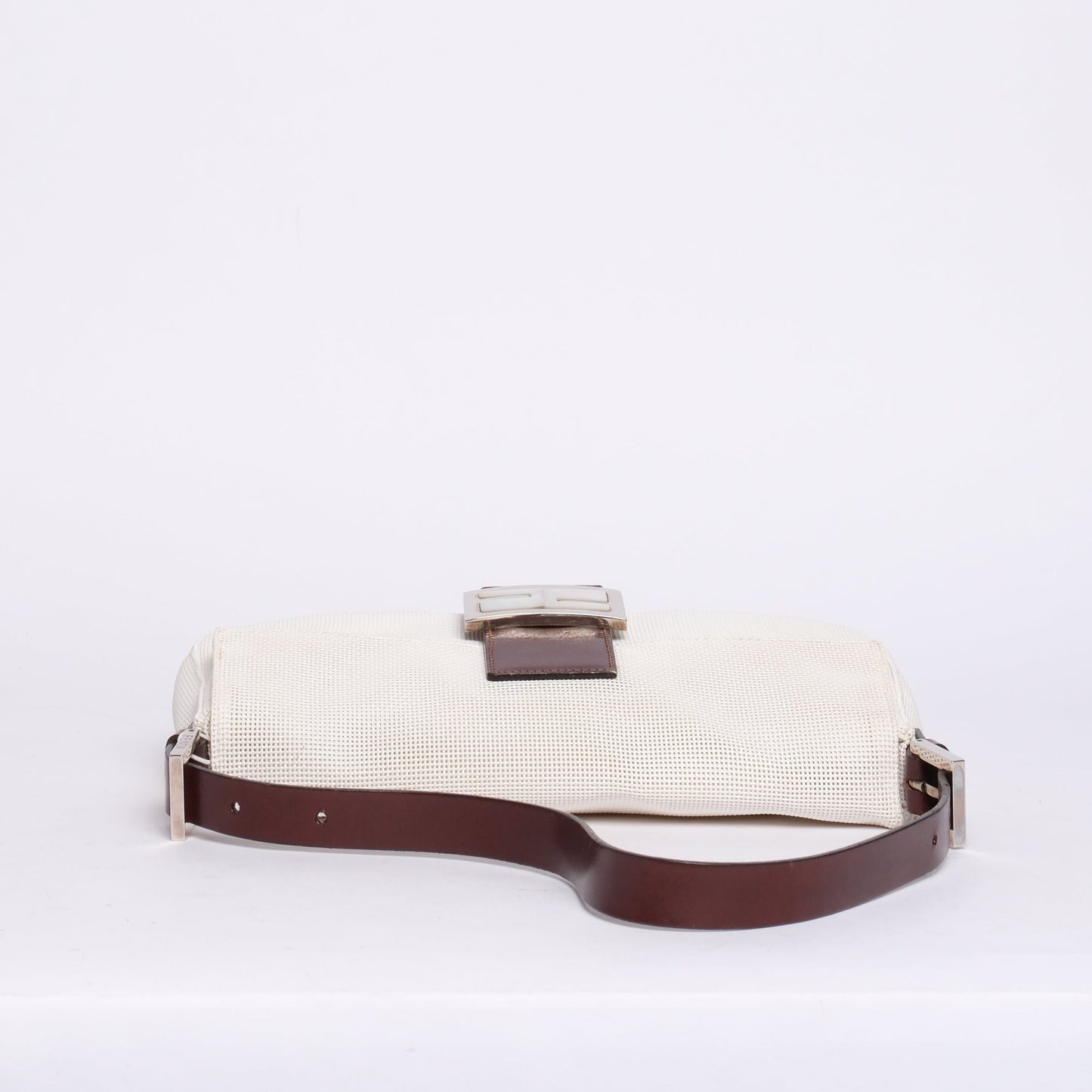RARE Fendi White & Brown Mesh & Leather Mother Of Pearl Baguette Shoulder Bag