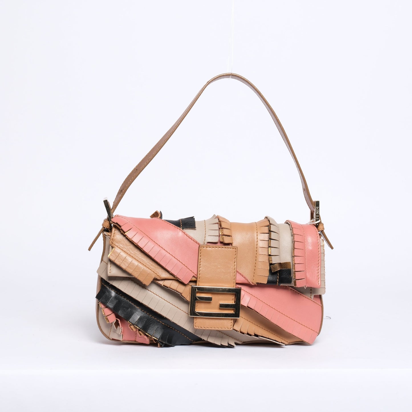 Fendi Multicolored Leather Fringe Patchwork Baguette Shoulder Bag