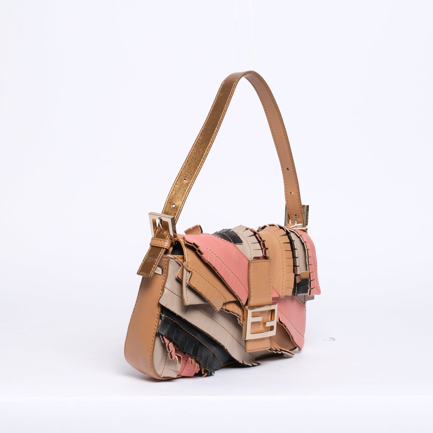 Fendi Multicolored Leather Fringe Patchwork Baguette Shoulder Bag