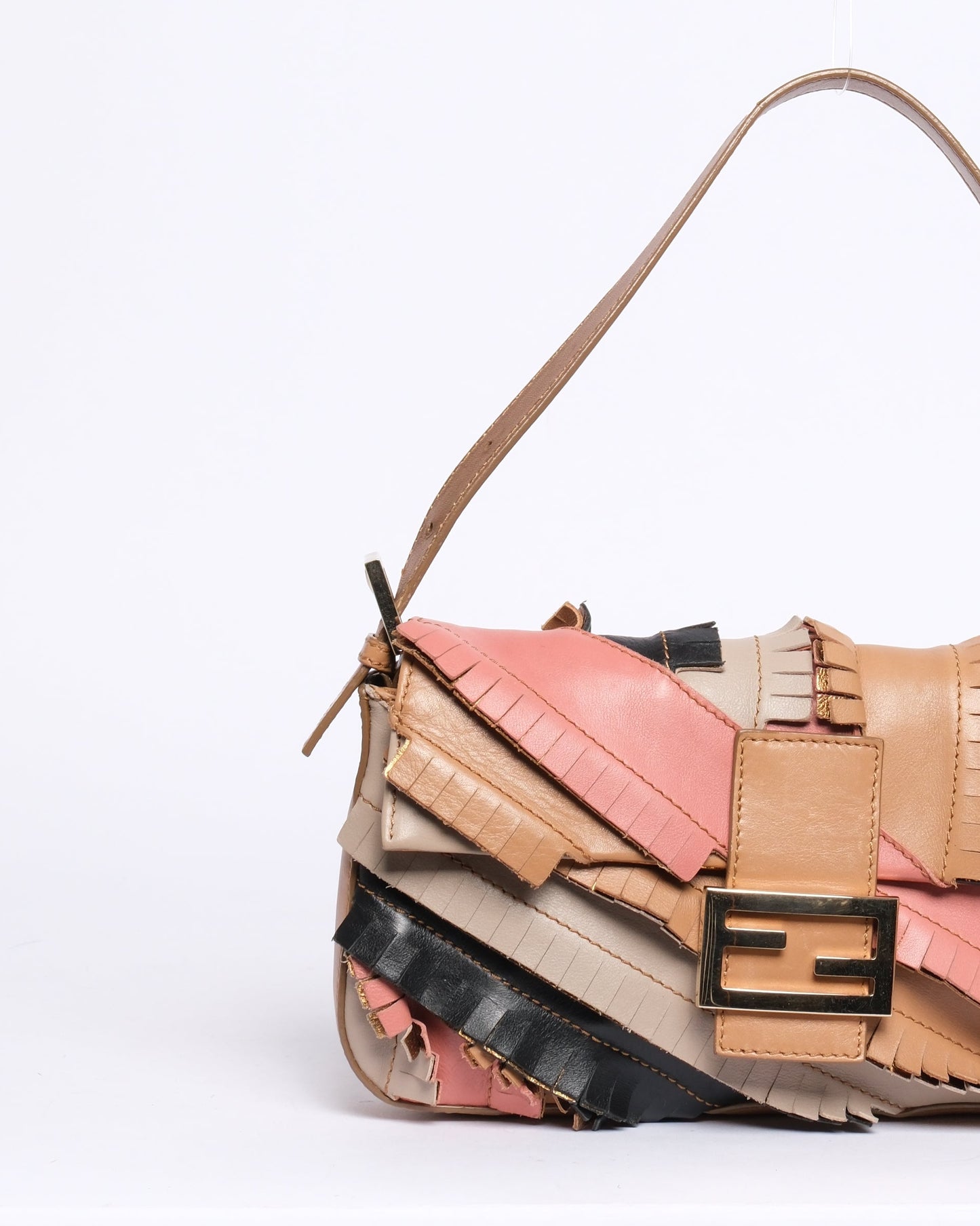 Fendi Multicolored Leather Fringe Patchwork Baguette Shoulder Bag
