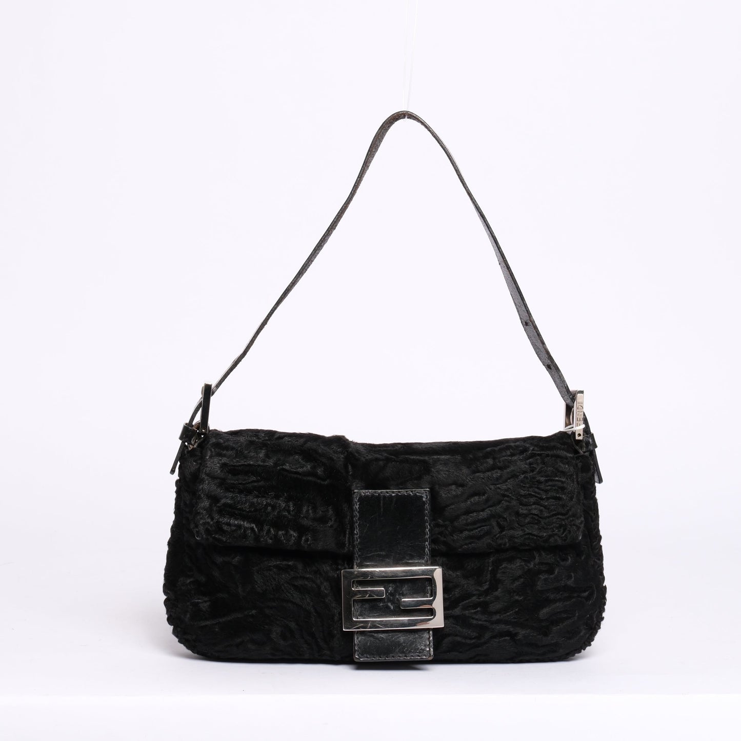 Fendi Black Astrakhan Ponyhair & Leather Baguette Shoulder Bag SHW
