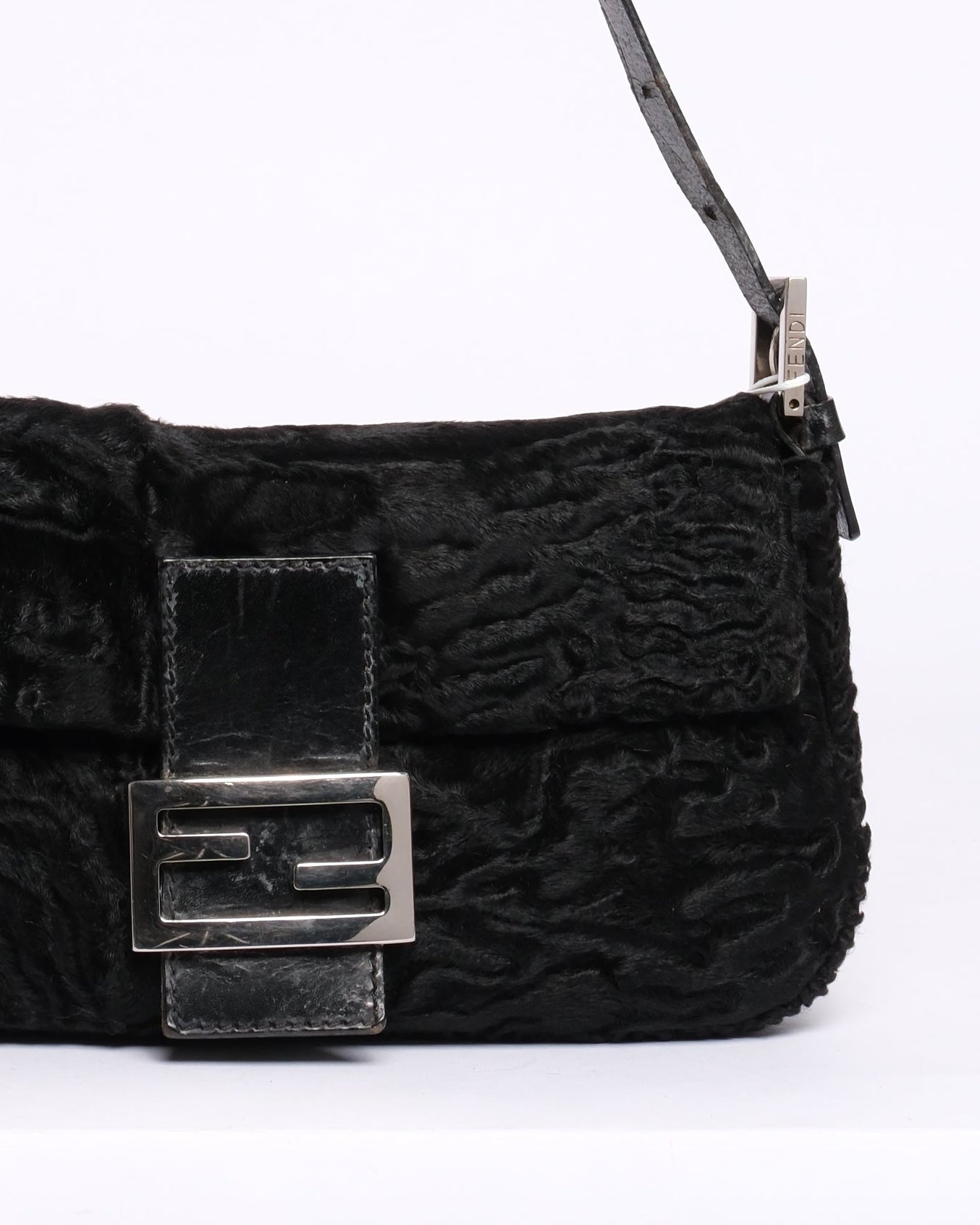 Fendi Black Astrakhan Ponyhair & Leather Baguette Shoulder Bag SHW