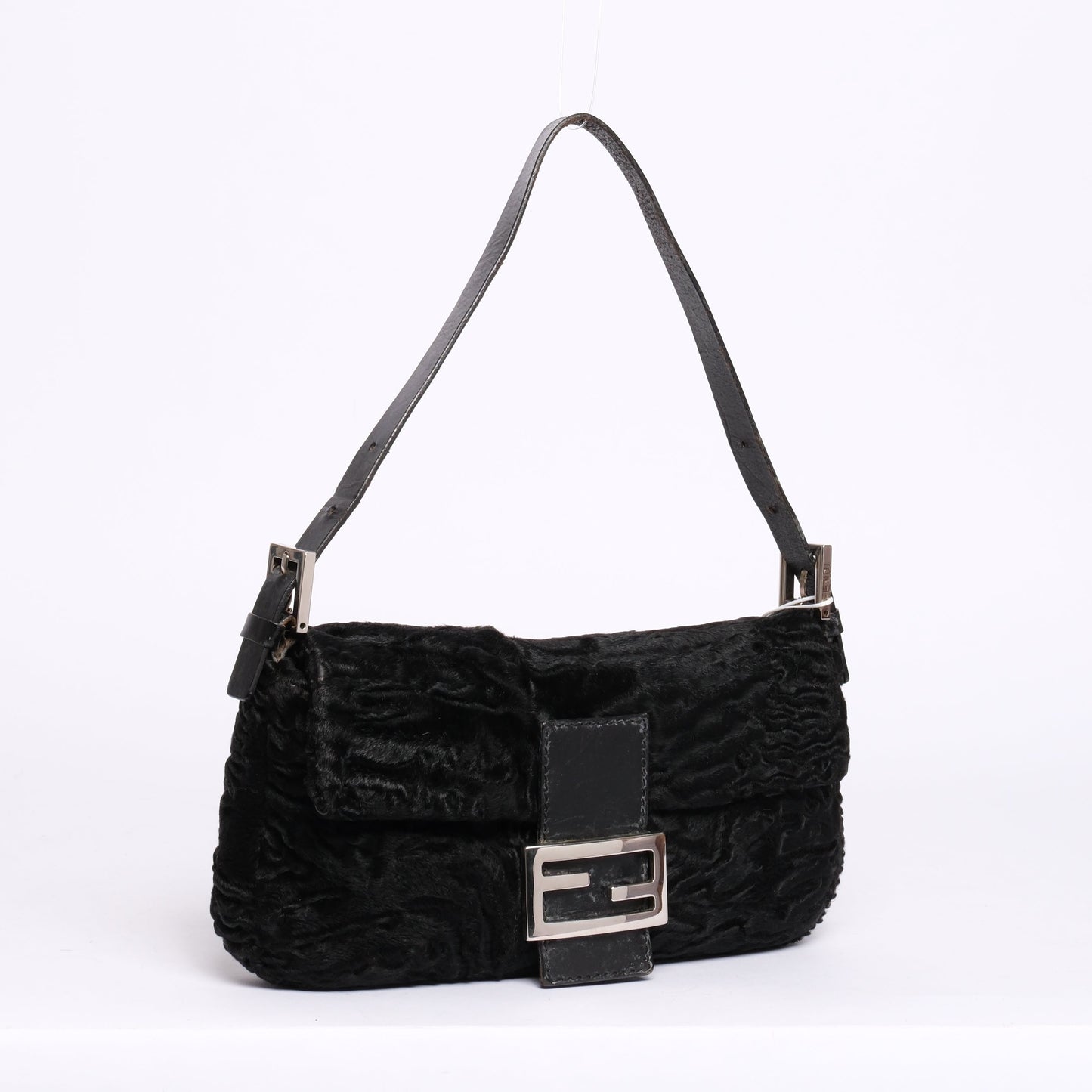 Fendi Black Astrakhan Ponyhair & Leather Baguette Shoulder Bag SHW
