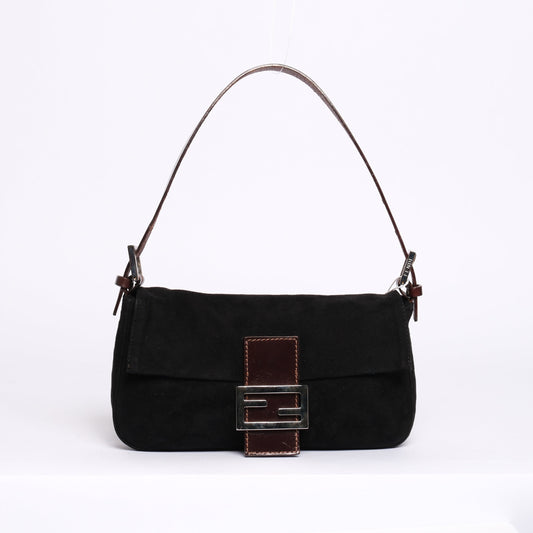 Fendi Black & Brown Suede & Leather Baguette Shoulder Bag