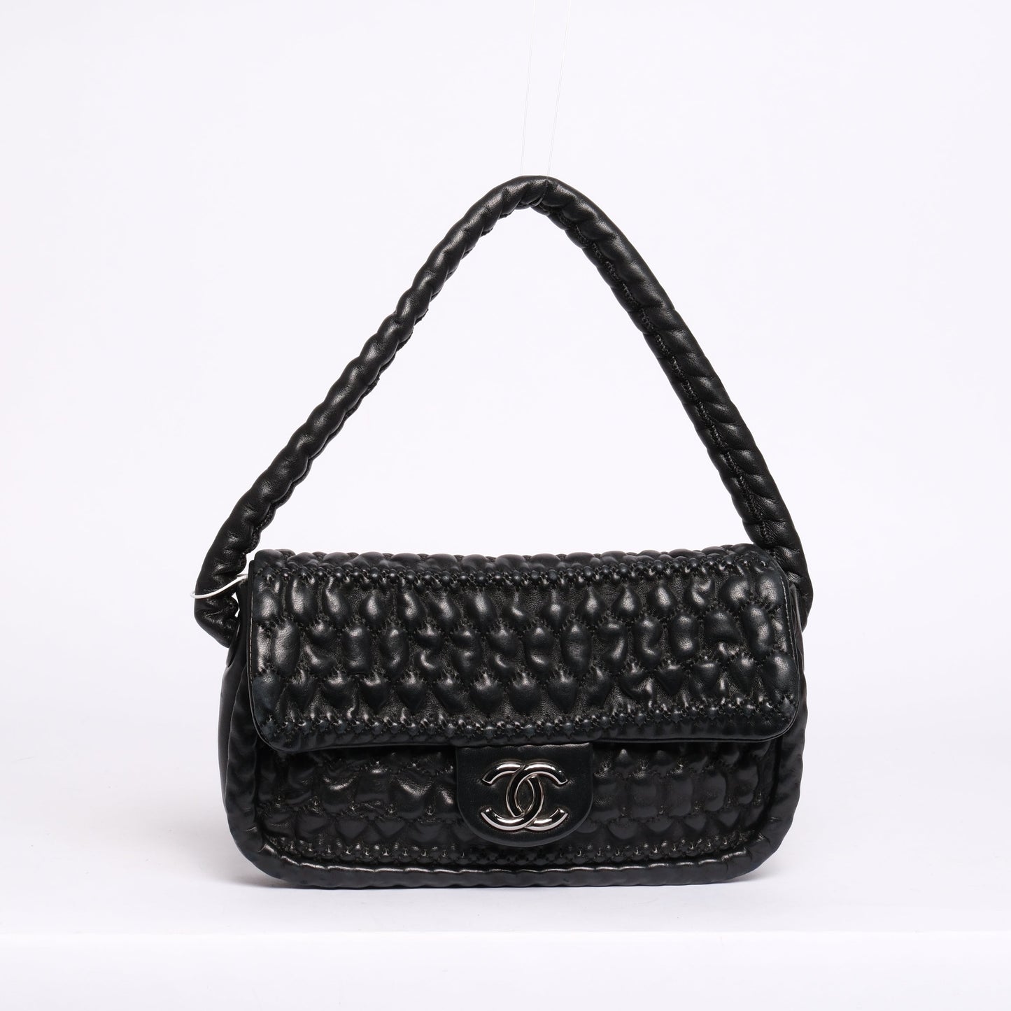 Chanel Black Ruffle Lambskin Leather Braided Handle Flap