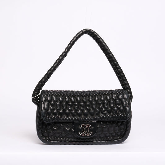 Chanel Black Ruffle Lambskin Leather Braided Handle Flap