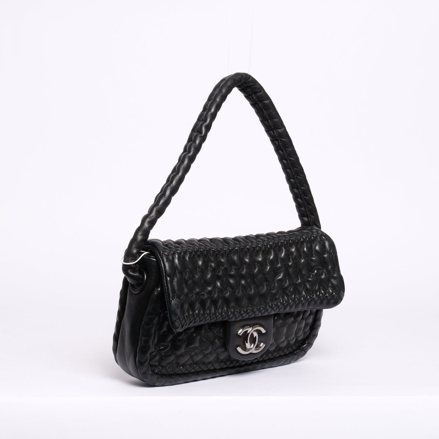 Chanel Black Ruffle Lambskin Leather Braided Handle Flap