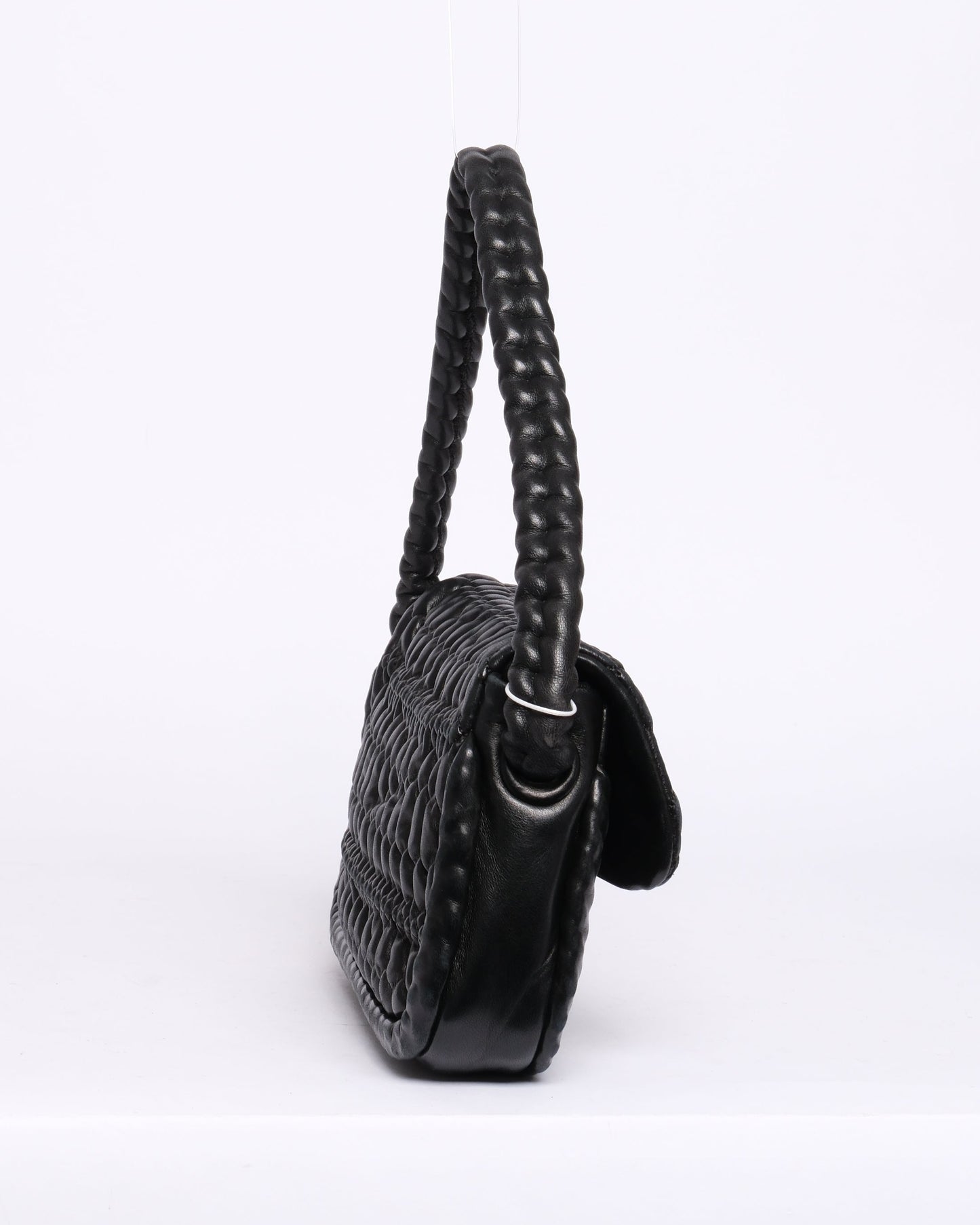 Chanel Black Ruffle Lambskin Leather Braided Handle Flap