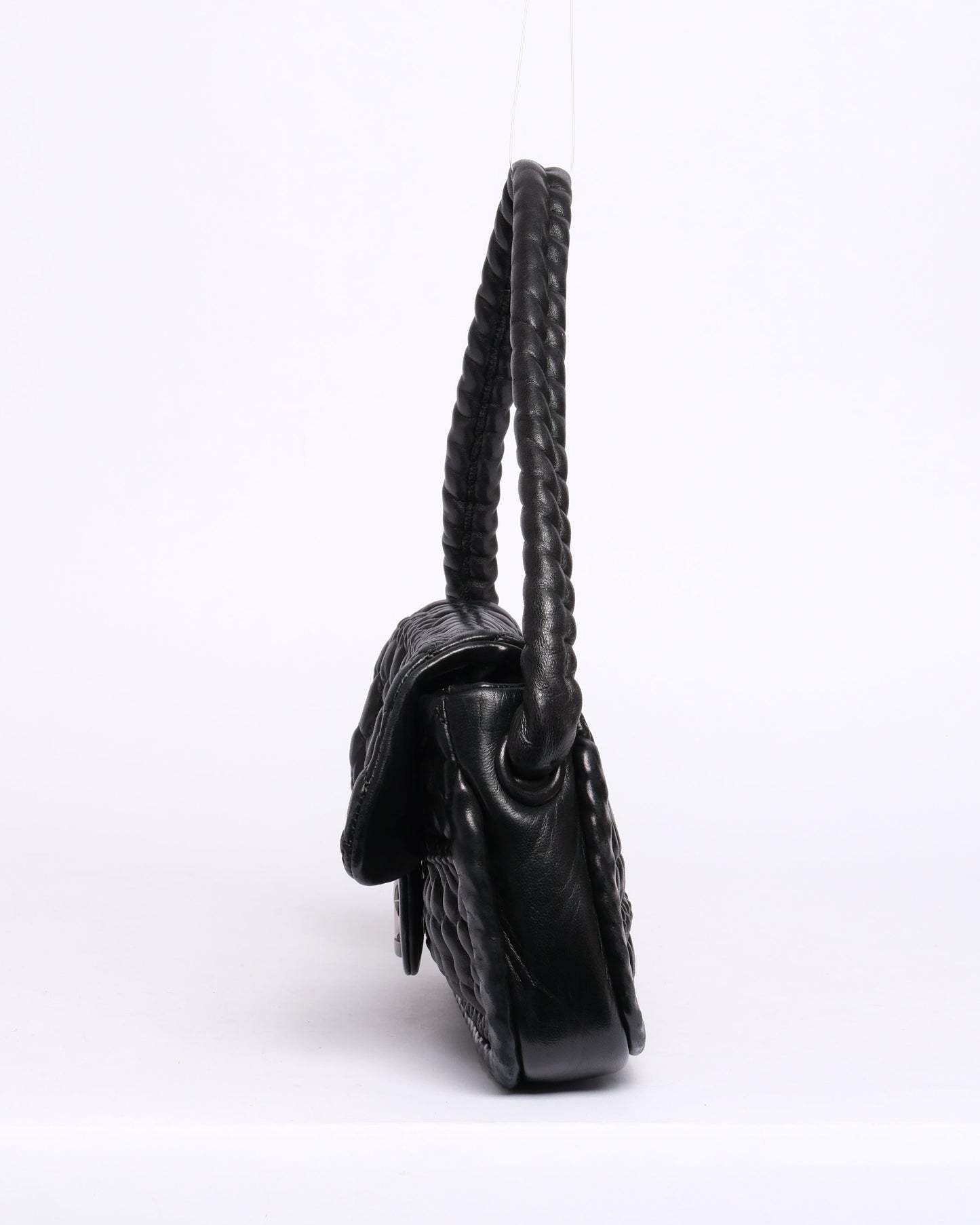 Chanel Black Ruffle Lambskin Leather Braided Handle Flap