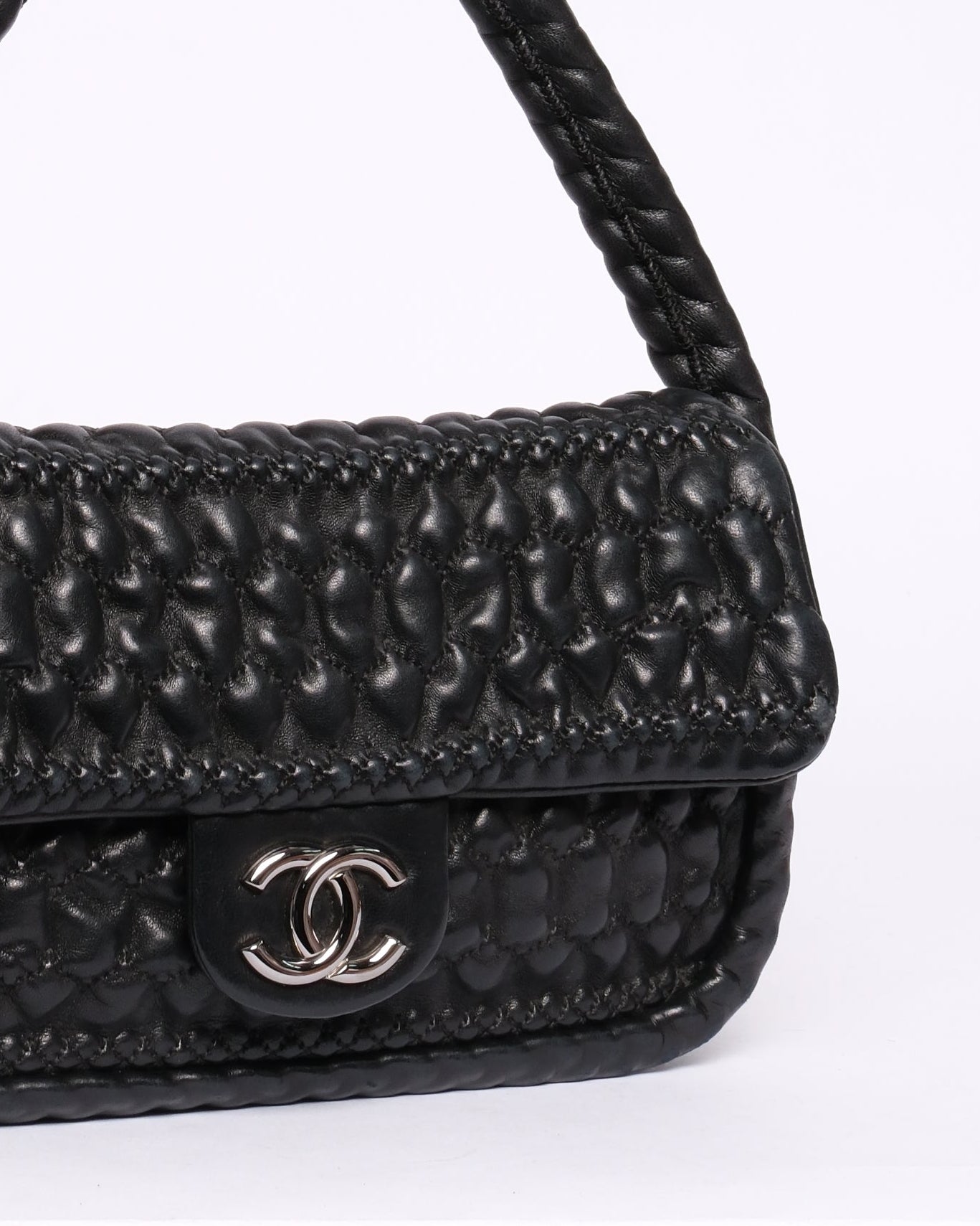 Chanel Black Ruffle Lambskin Leather Braided Handle Flap