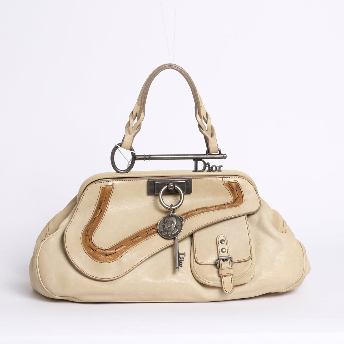 Christian Dior Beige Leather Gaucho Saddle Bowler Top Handle Bag