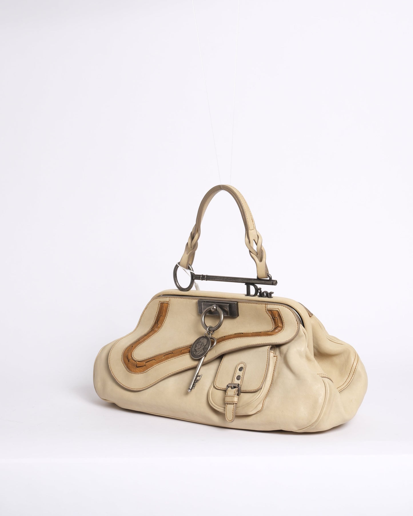 Christian Dior Beige Leather Gaucho Saddle Bowler Top Handle Bag