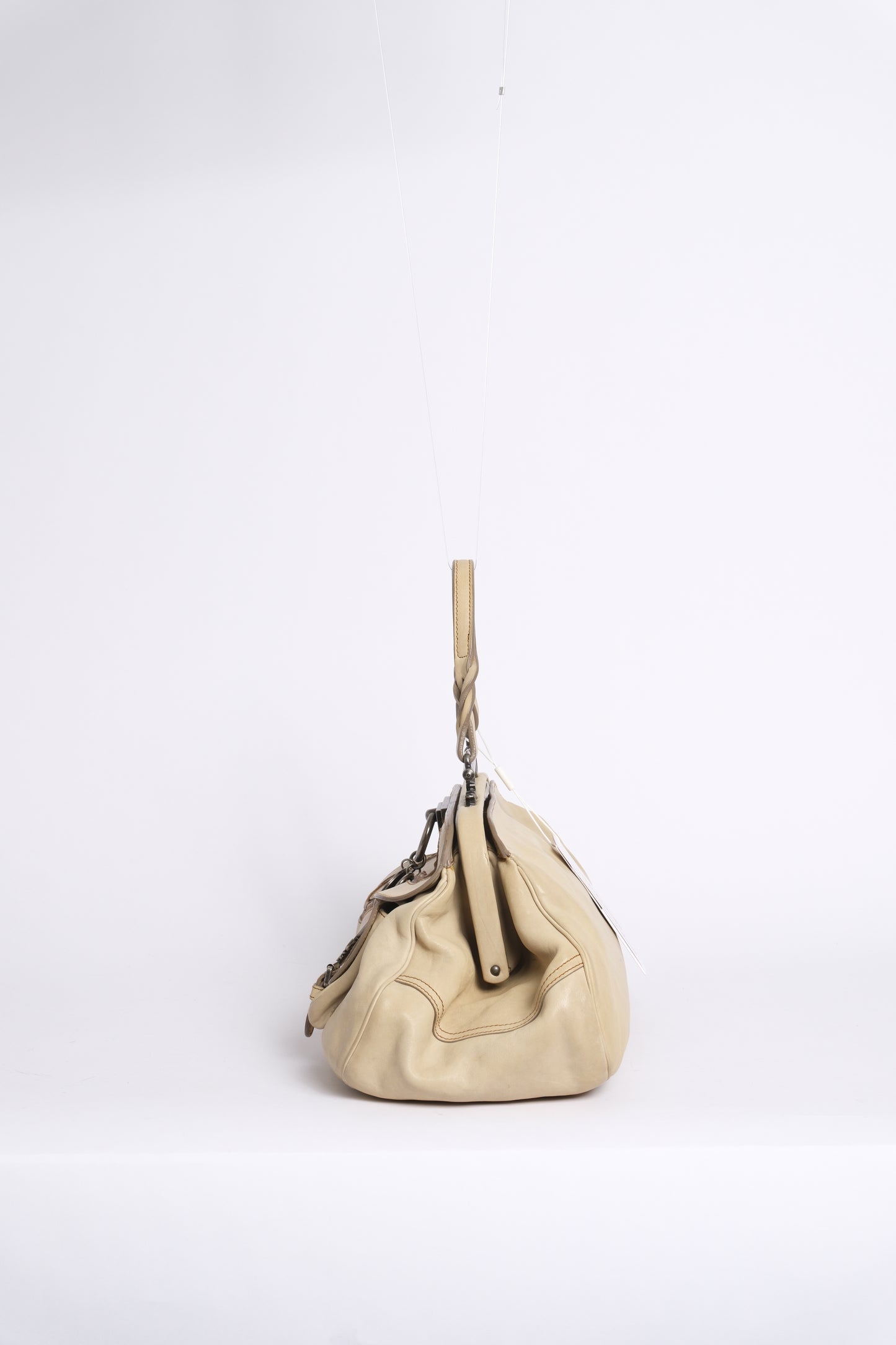 Christian Dior Beige Leather Gaucho Saddle Bowler Top Handle Bag