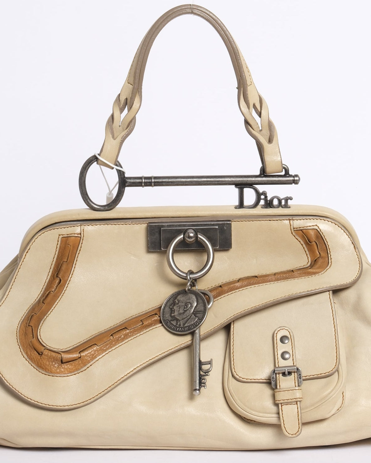 Christian Dior Beige Leather Gaucho Saddle Bowler Top Handle Bag