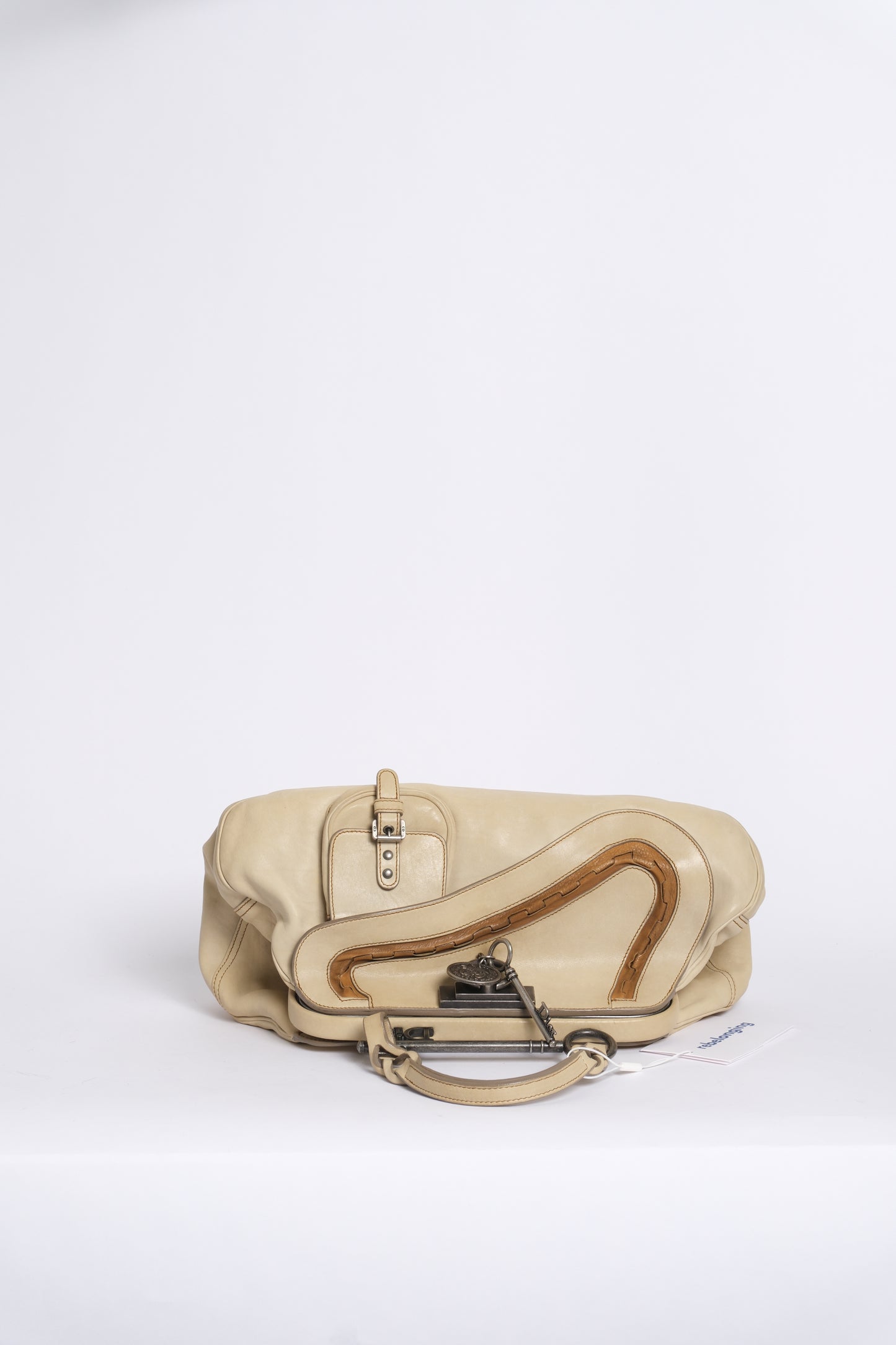 Christian Dior Beige Leather Gaucho Saddle Bowler Top Handle Bag