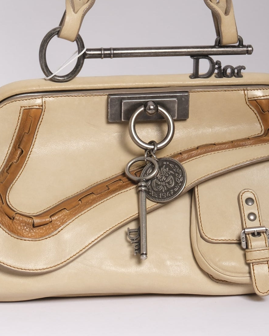 Christian Dior Beige Leather Gaucho Saddle Bowler Top Handle Bag