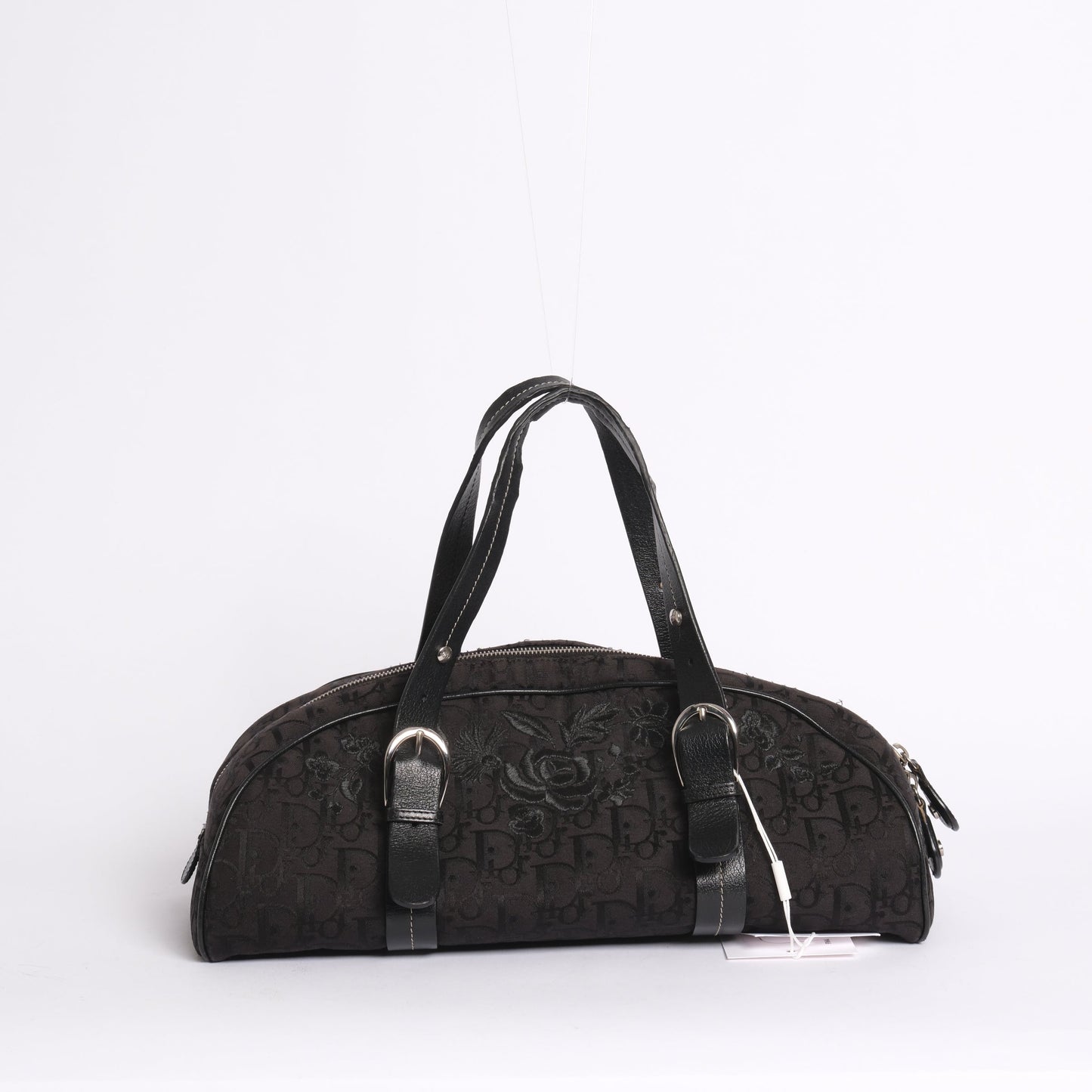 Christian Dior Black Trotter Canvas Embroidered Floral Bowler Bag