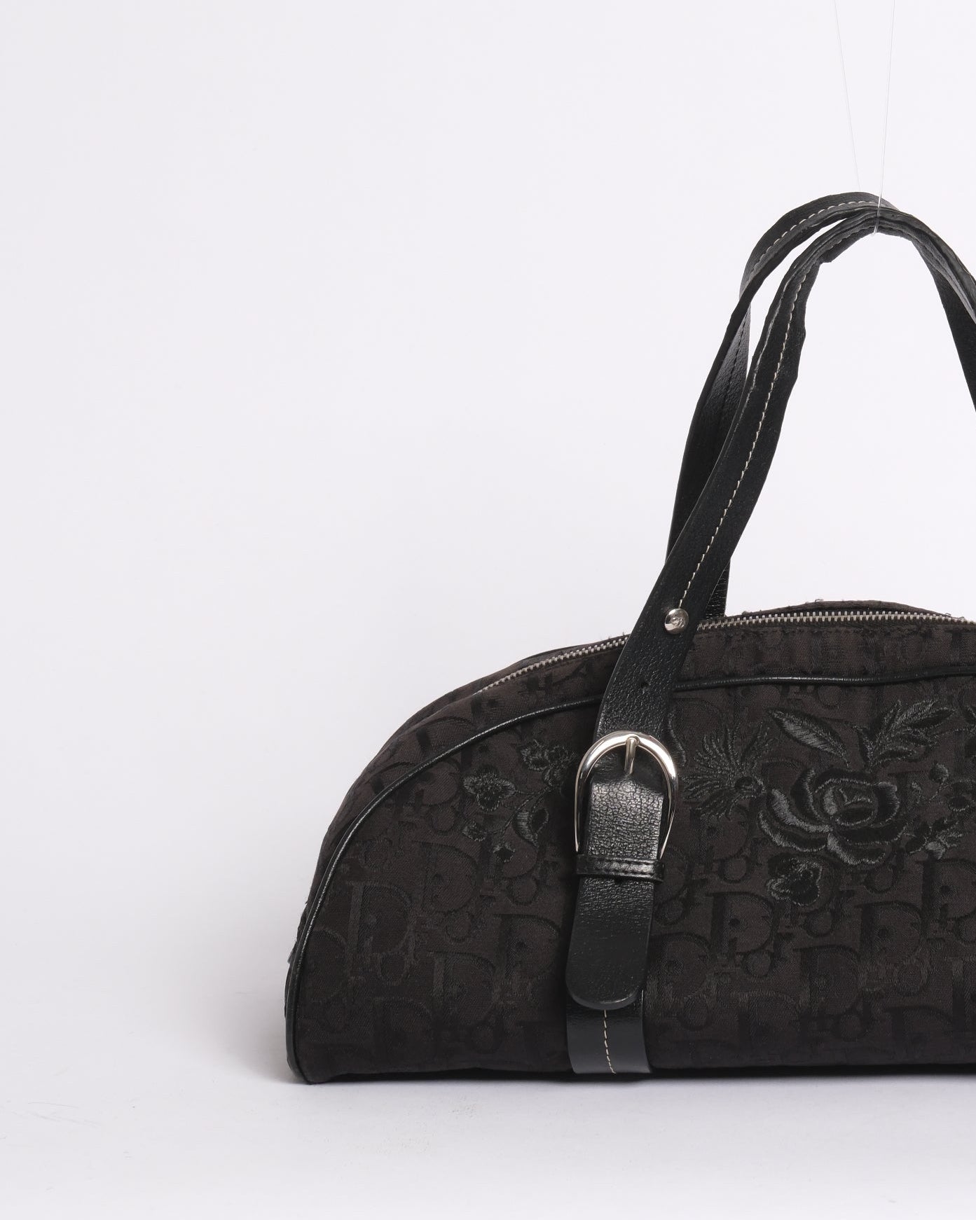 Christian Dior Black Trotter Canvas Embroidered Floral Bowler Bag