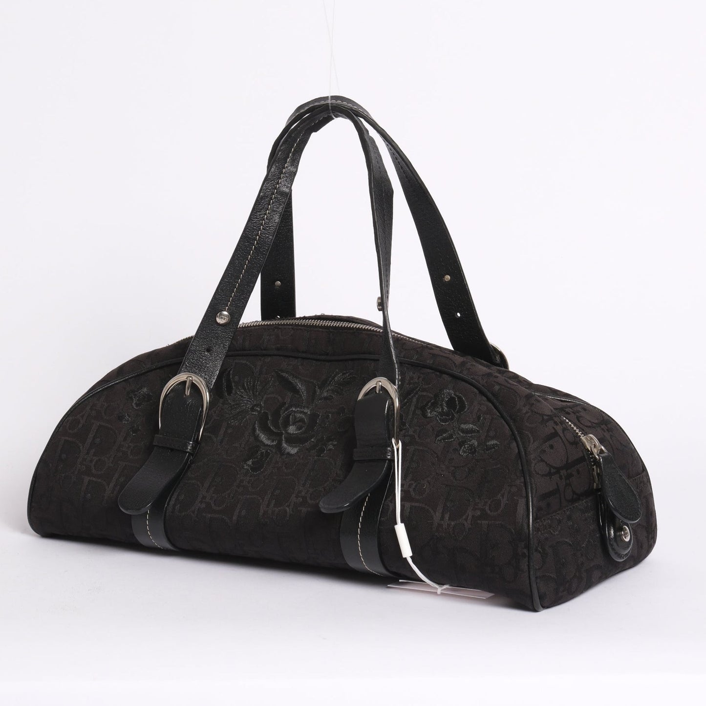Christian Dior Black Trotter Canvas Embroidered Floral Bowler Bag