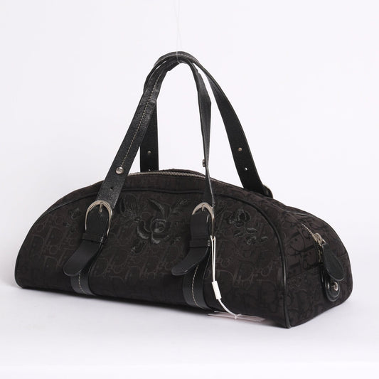 Christian Dior Black Trotter Canvas Embroidered Floral Bowler Bag