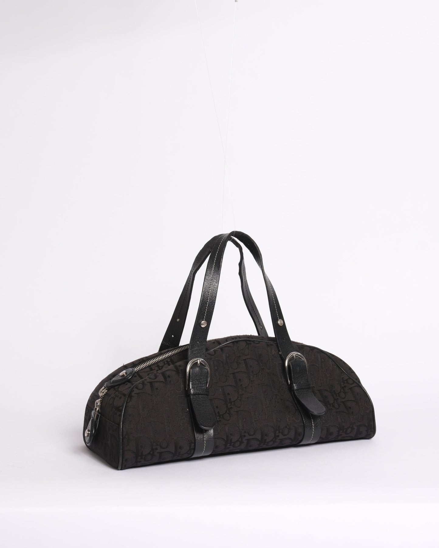 Christian Dior Black Trotter Canvas Embroidered Floral Bowler Bag