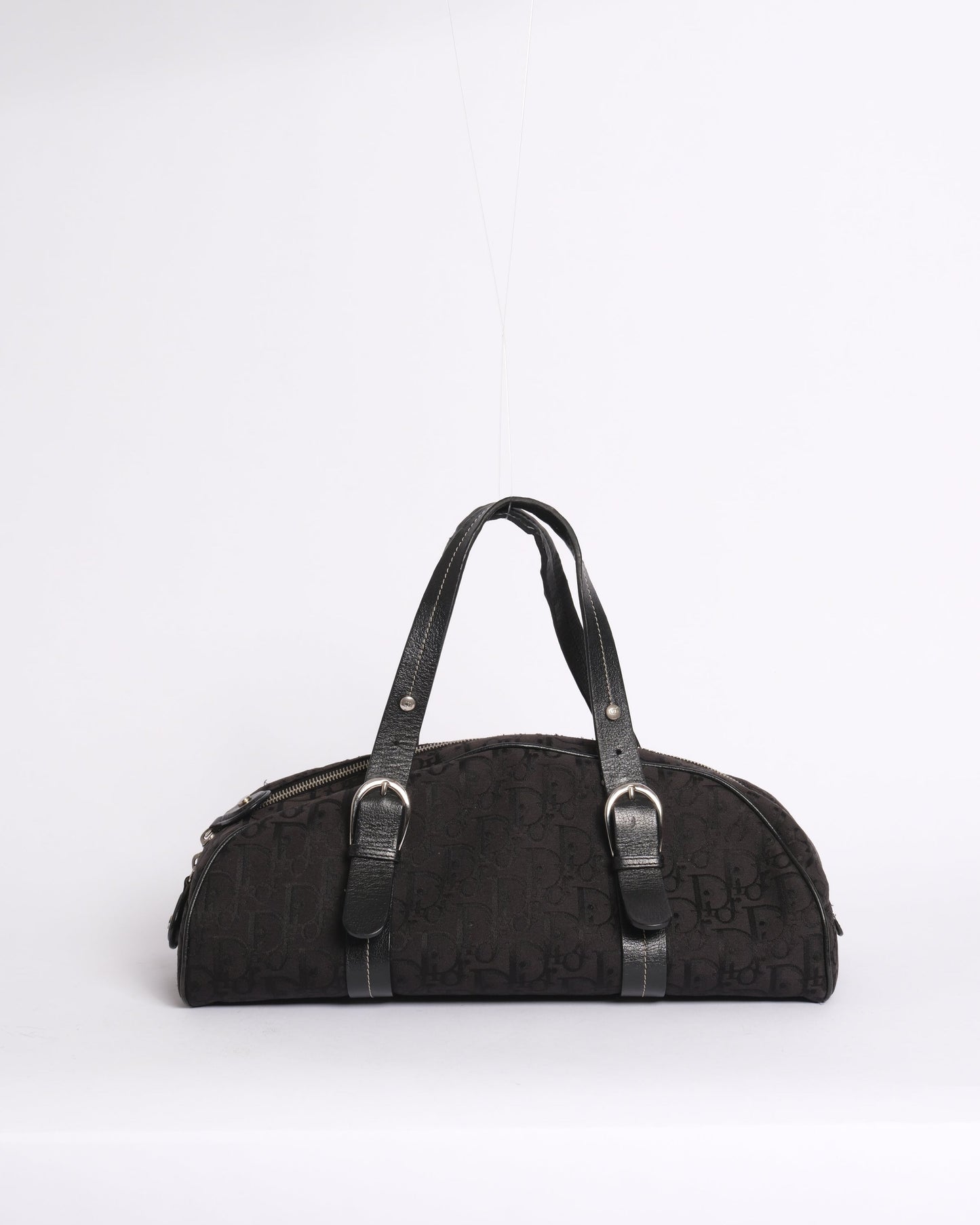 Christian Dior Black Trotter Canvas Embroidered Floral Bowler Bag